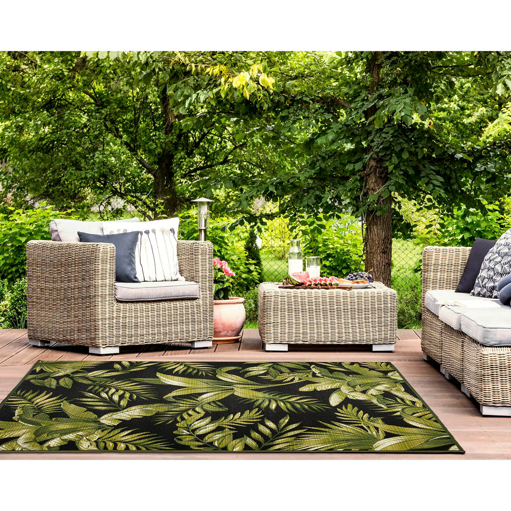 Liora Manne Marina Indoor/Outdoor Power Loomed Synthetic Blend Low Profile Area Rug - Transitional Graphic Botanical Beach Camping (Jungle Leaves Black) (3'3' X 4'11')