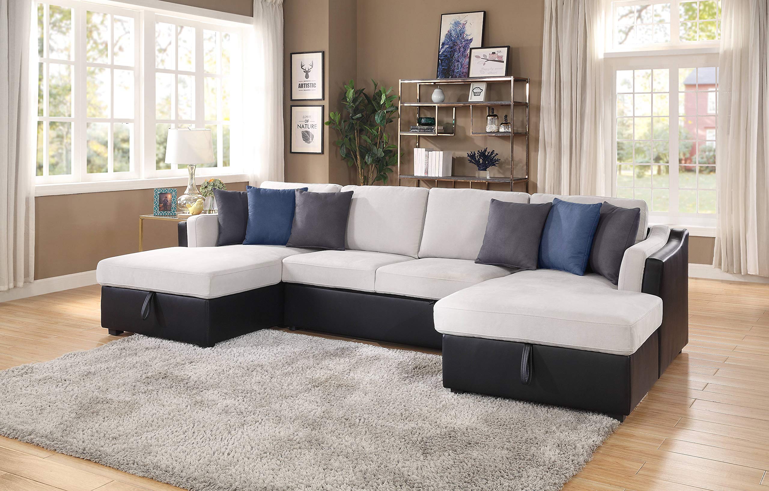Acme Merill Faux Leather Sectional Sofa with Sleeper in Beige and Black