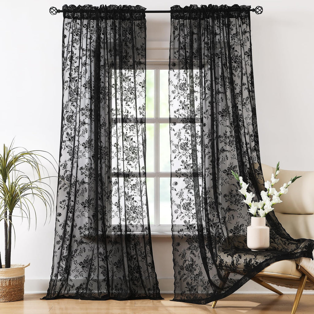 Black Floral Lace Curtains for Bedroom Living Room, 95'' Length Long Vintage Delicate Rose and Leaf Embroidered Sheer Curtains, 