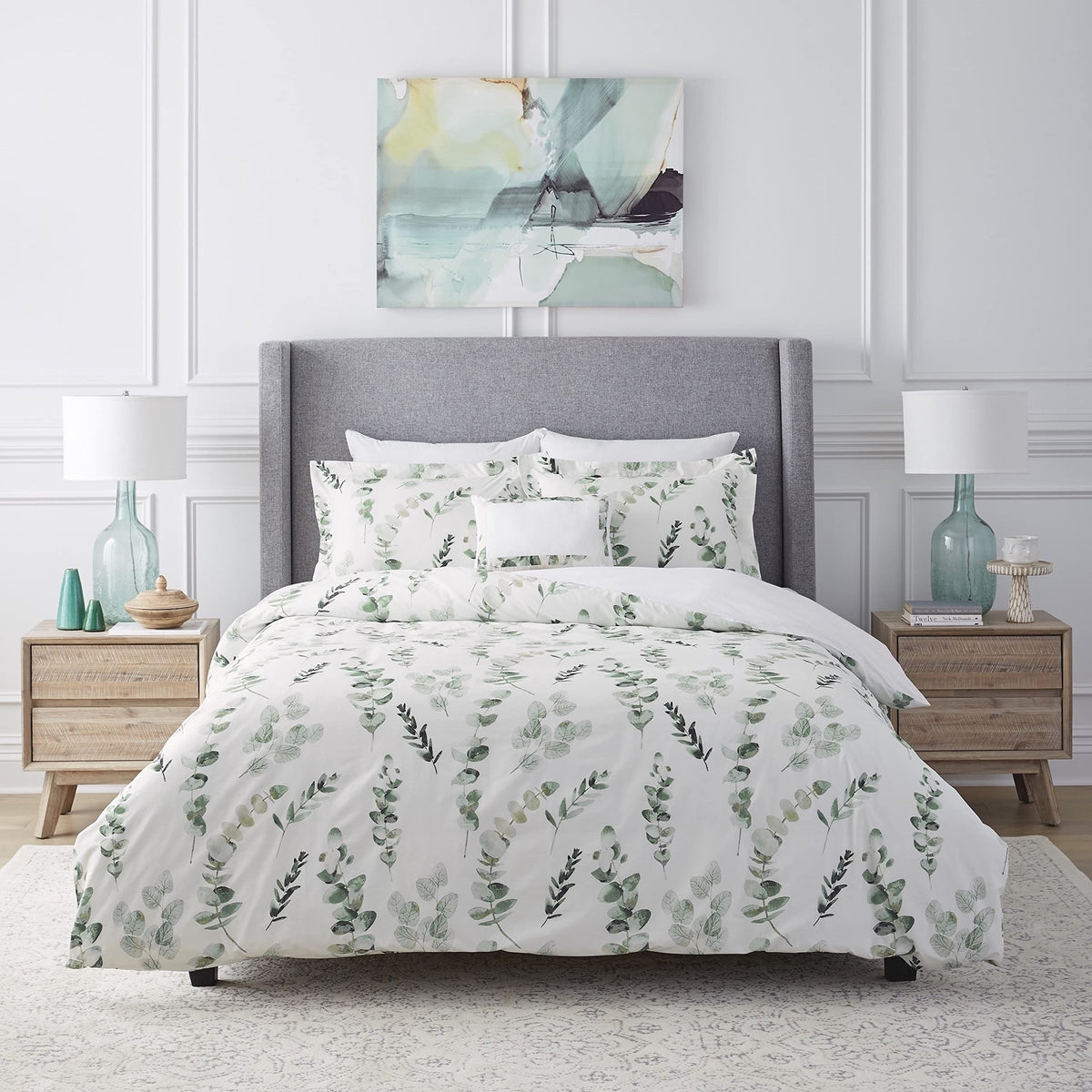 Pointehaven 3 Piece Bedding Duvet Set With Button Closure 250 Thread Count 100% Combed Cotton Green Eucalyptus Printed Duvet Set