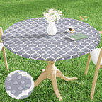 Smiry Round Picnic Tablecloth, Waterproof Elastic Fitted Table Covers For 57' - 68' Tables, Wipeable Flannel Backed Vinyl Tablecloths For Camping, Indoor, Outdoor, Grey & White