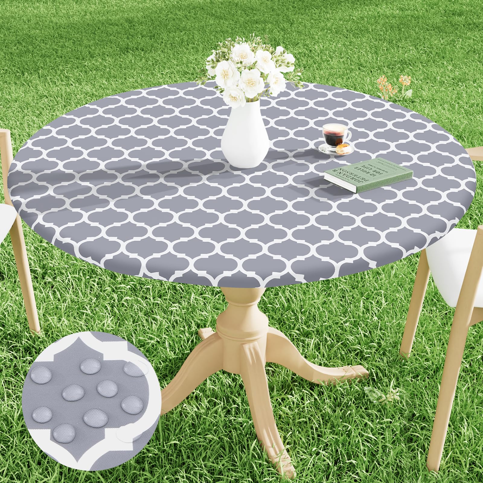 Smiry Round Picnic Tablecloth, Waterproof Elastic Fitted Table Covers For 57' - 68' Tables, Wipeable Flannel Backed Vinyl Tablecloths For Camping, Indoor, Outdoor, Grey & White