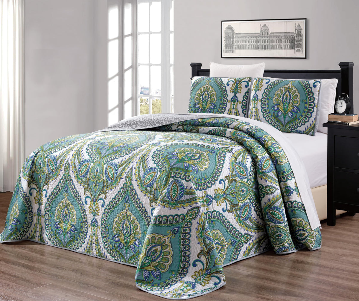 Grand Linen - 3-Piece Oversize (100 X 95) Fine Printed Prewashed Quilt Set Reversible Bedspread Coverlet Full/Queen Size Bed Cov