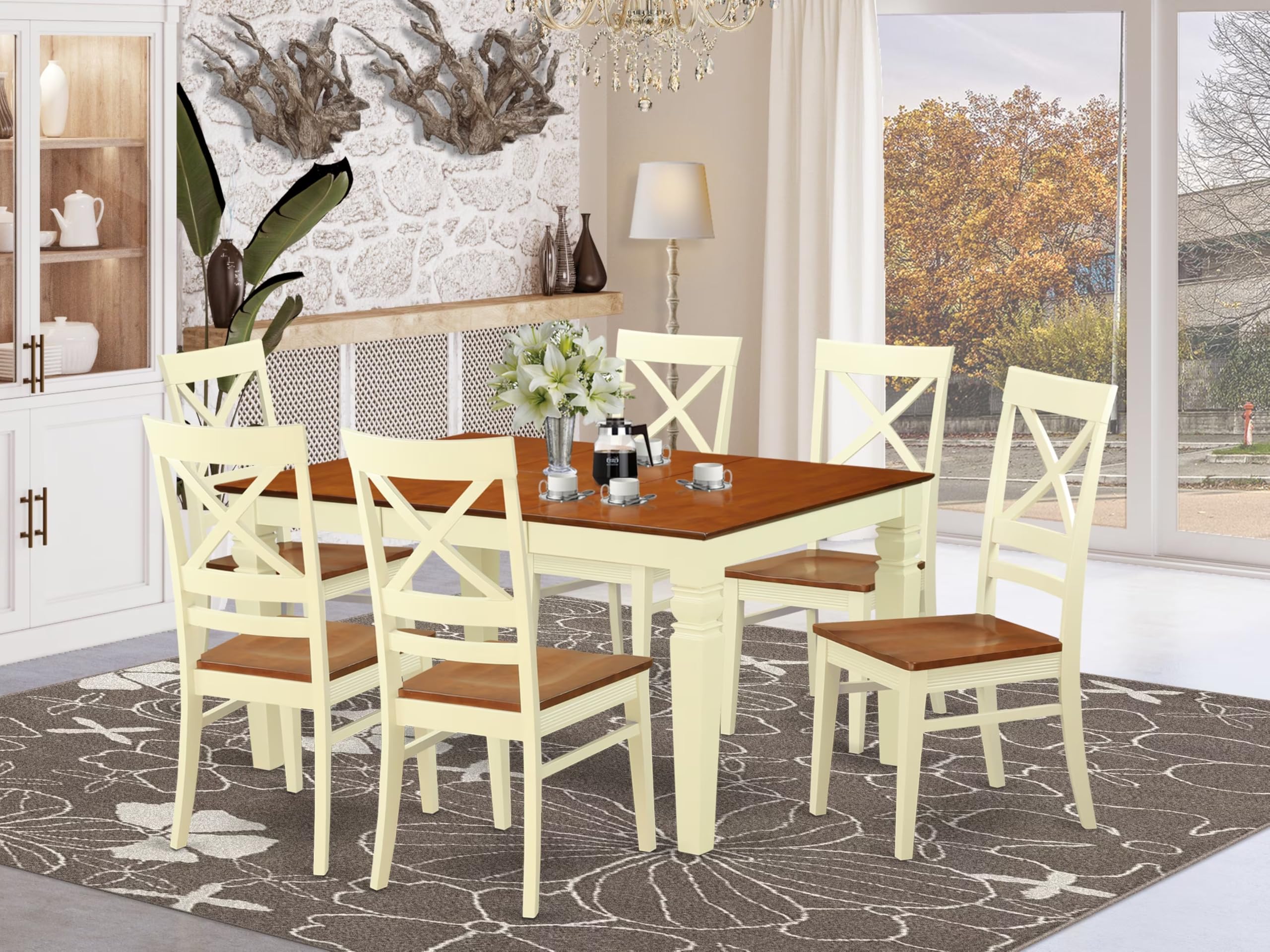 East West Furniture WEQU7-BMK-W 7 Piece Kitchen Table Set Consist of a Rectangle Dining Table with Butterfly Leaf and 6 Dining Room Chairs, 42x60 Inch, Buttermilk & Cherry