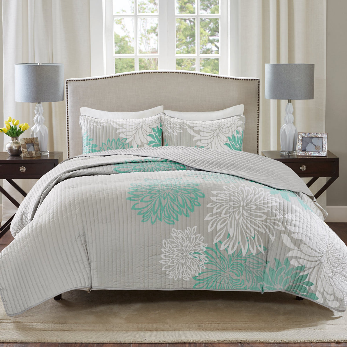 Comfort Spaces Enya 3 Piece Quilt Coverlet Bedspread Ultra Soft Floral Printed Pattern Bedding Set, King, Aqua-Grey,Cs14-0064