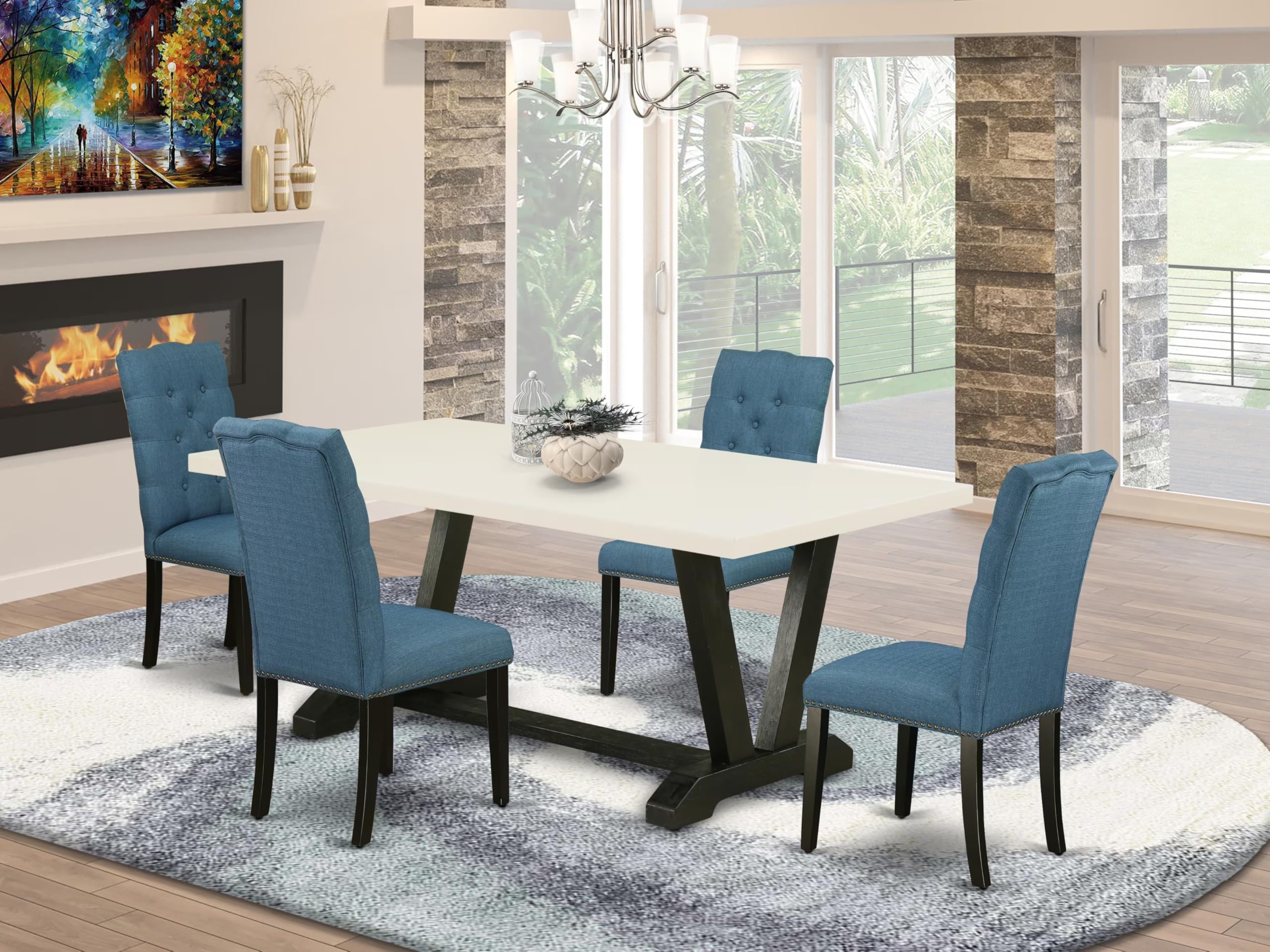 East West Furniture V627El121-5 5 Piece Kitchen Table Set For 4 Includes A Rectangle Dining Room Table With V-Legs And 4 Blue Linen Fabric Upholstered Chairs, 40X72 Inch, Multi-Color