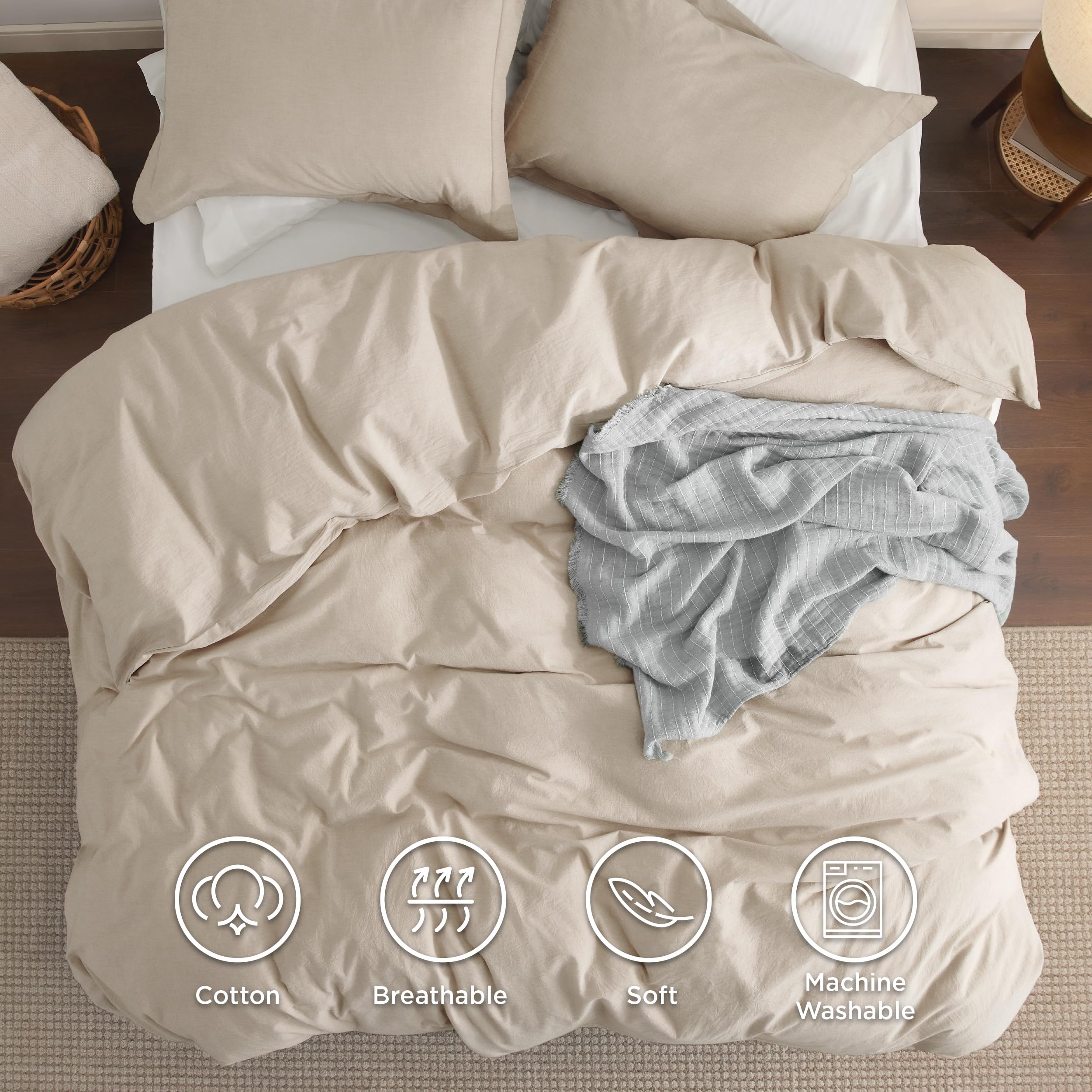 Bedsure 100% Washed Cotton Duvet Cover Cal King - Beige Minimalist Cotton Duvet Cover Linen Like - 3 Pieces Gentlesoft™ Plain Simple Bedding Set With 2 Pillow Shams (Beige, California King, 104'X98')