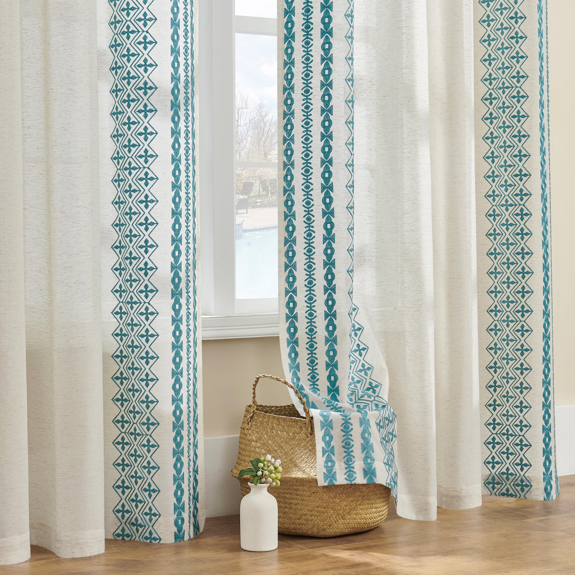 Teal Blue Curtains 84 Inch Length 2 Panels Set For Bedroom Living Room Dining Room Grommet Embroidered Country Linen Curtains Ne