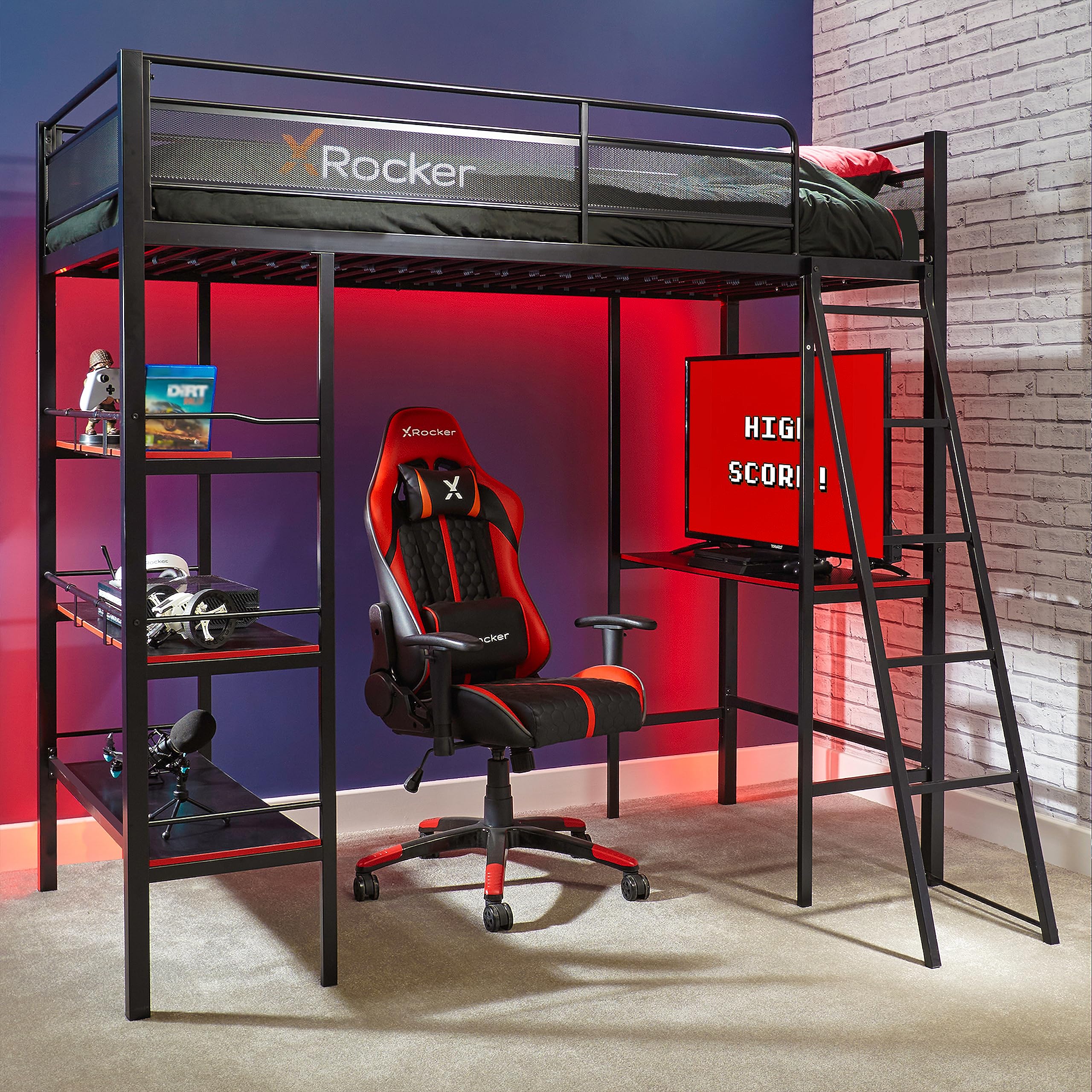 X Rocker Fortress Gaming Bunk Bed, Durable Metal Frame with Built-In Desk, 3 Shelves, 2112101, 77.64 x 59.17 x 72.05, Twin, Blac