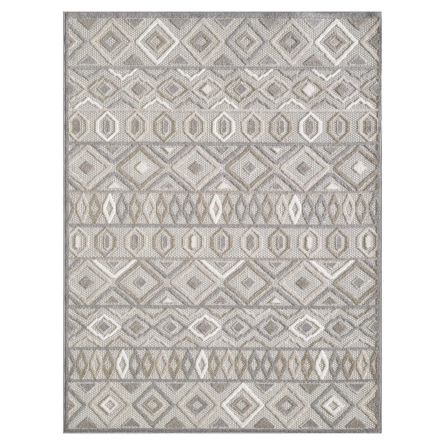 HomeRoots Grey UV-Treated Polypropylene 2’ x 4’ Gray Ivory Aztec Pattern Indoor Outdoor Area Rug