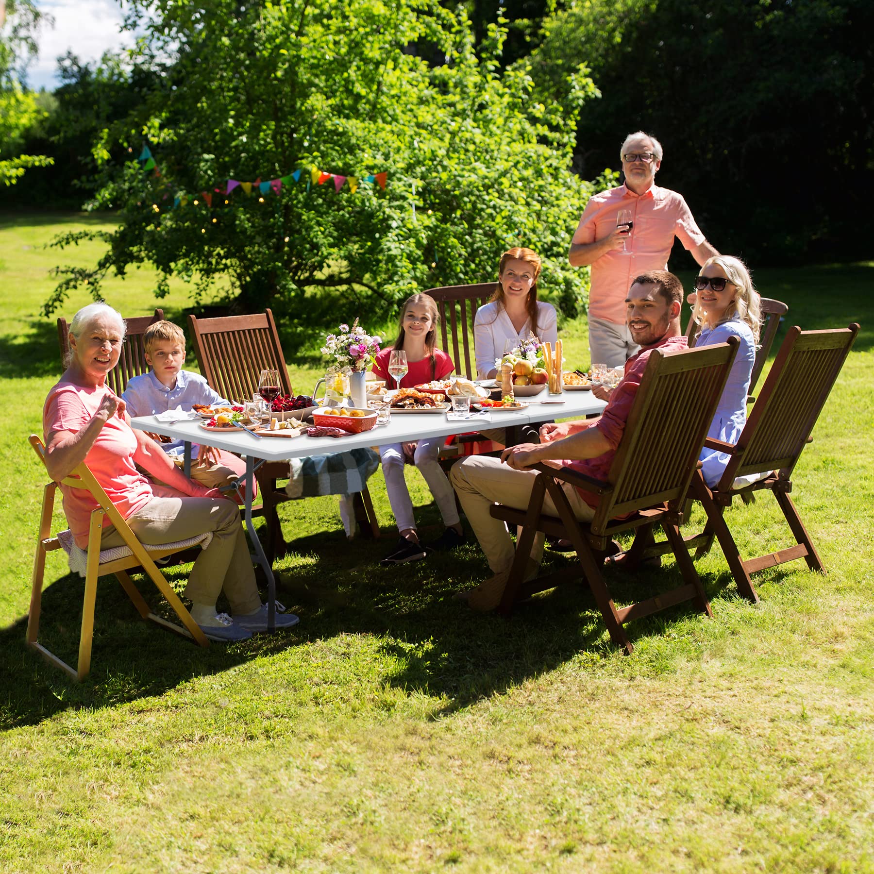 Zeny 8Ft Portable Folding Table Plastic Indoor Outdoor Picnic Party Camp Dining Table With Handle, White