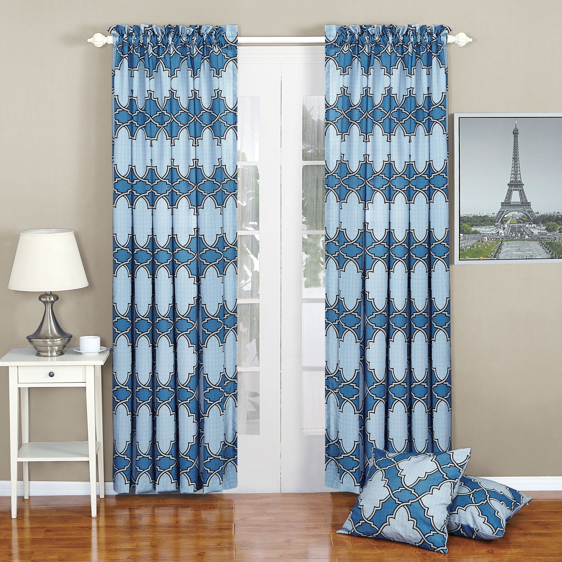 Home Soft Things Dobson Printed Curtain and Pillow Shell Set, Blue 70 x 96 Curtain Set of 2 Panels Plus Two 20 x 20 Pillow Shell