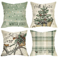 Fjfz Hello Winter Vibes Green Decorative Throw Pillow Covers 18X18 Set Of 4, Get Cozy Bicycle Christmas Tree Snowflakes Outdoor
