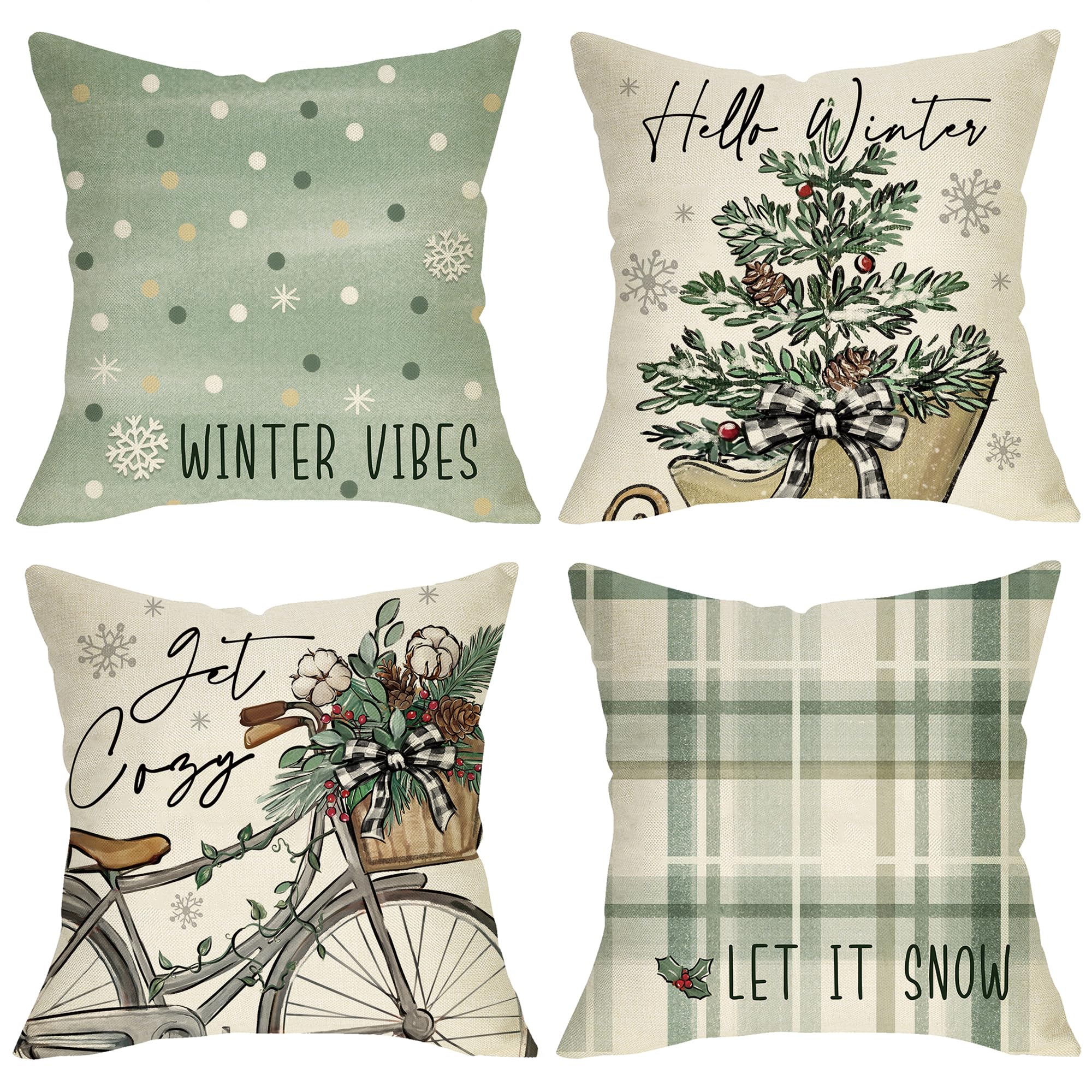 Fjfz Hello Winter Vibes Green Decorative Throw Pillow Covers 18X18 Set Of 4, Get Cozy Bicycle Christmas Tree Snowflakes Outdoor