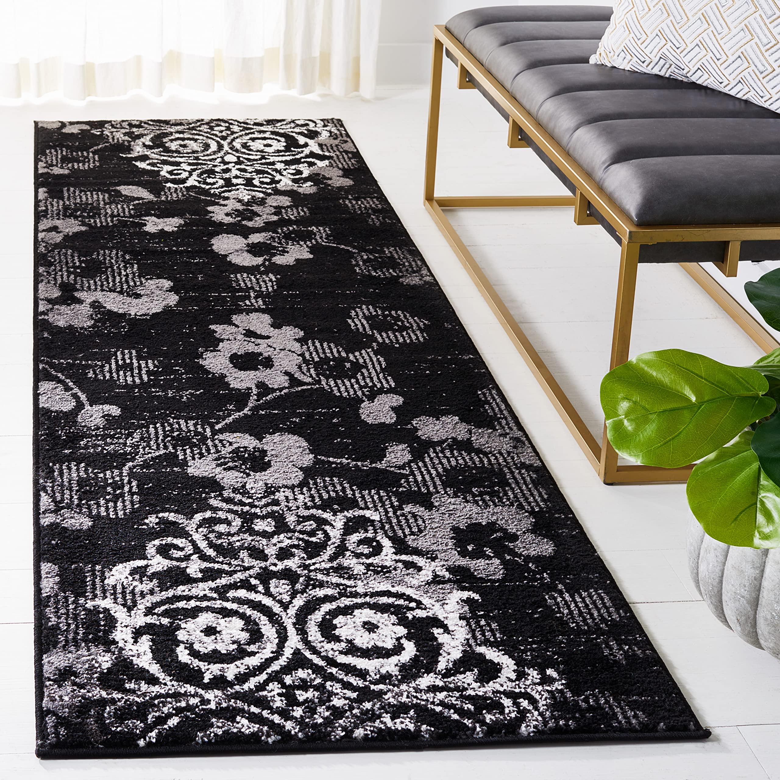 SAFAVIEH Adirondack Collection Runner Rug - 26 x 20, Black & Silver, Floral Glam Damask Distressed Design, Non-Shedding & Easy