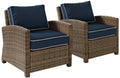 Crosley Furniture Bradenton 2-Piece Outdoor Chair Set, Wicker Patio Chairs for Conversation, Porch, Deck, Brown with Navy Cushions
