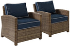 Crosley Furniture Bradenton 2-Piece Outdoor Chair Set, Wicker Patio Chairs for Conversation, Porch, Deck, Brown with Navy Cushions