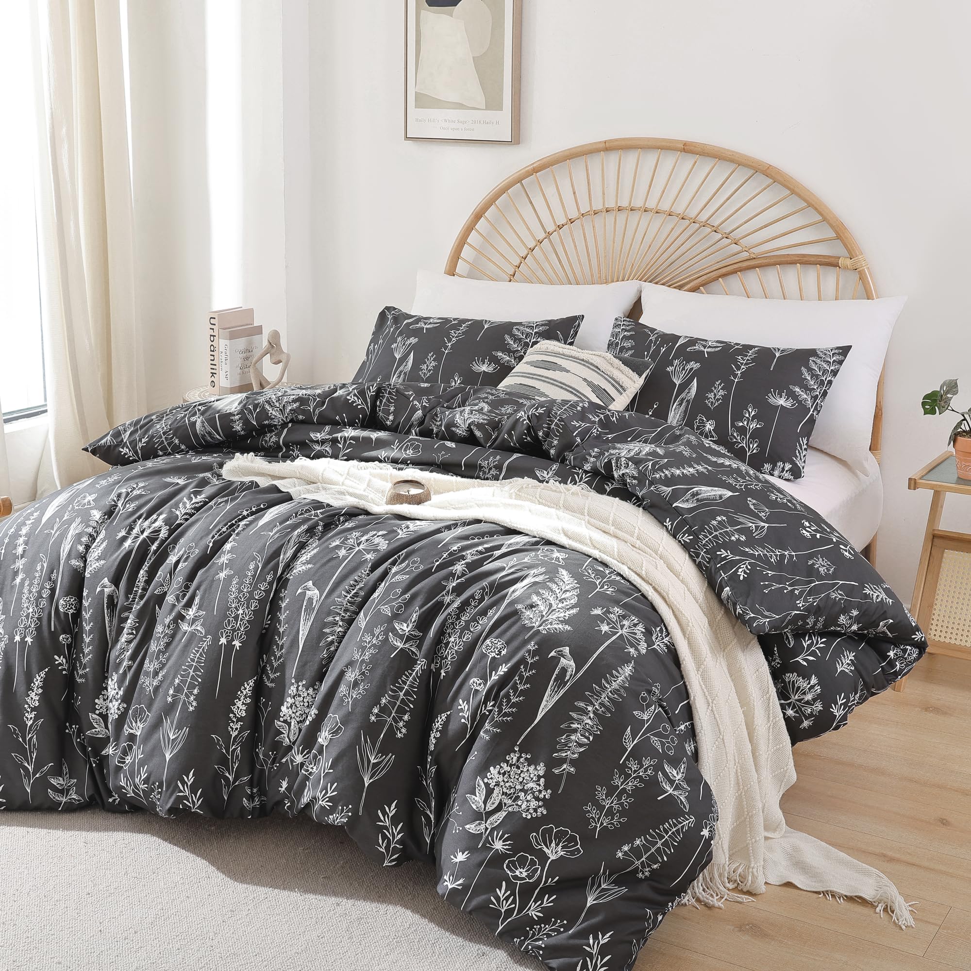Janzaa Full Comforter Set Dark Grey Comforter Floral Bedding Sets 3 Pieces Flowers Bed Comforter 1 Soft Reversible Cute Botanical With 2 Pillow Shams