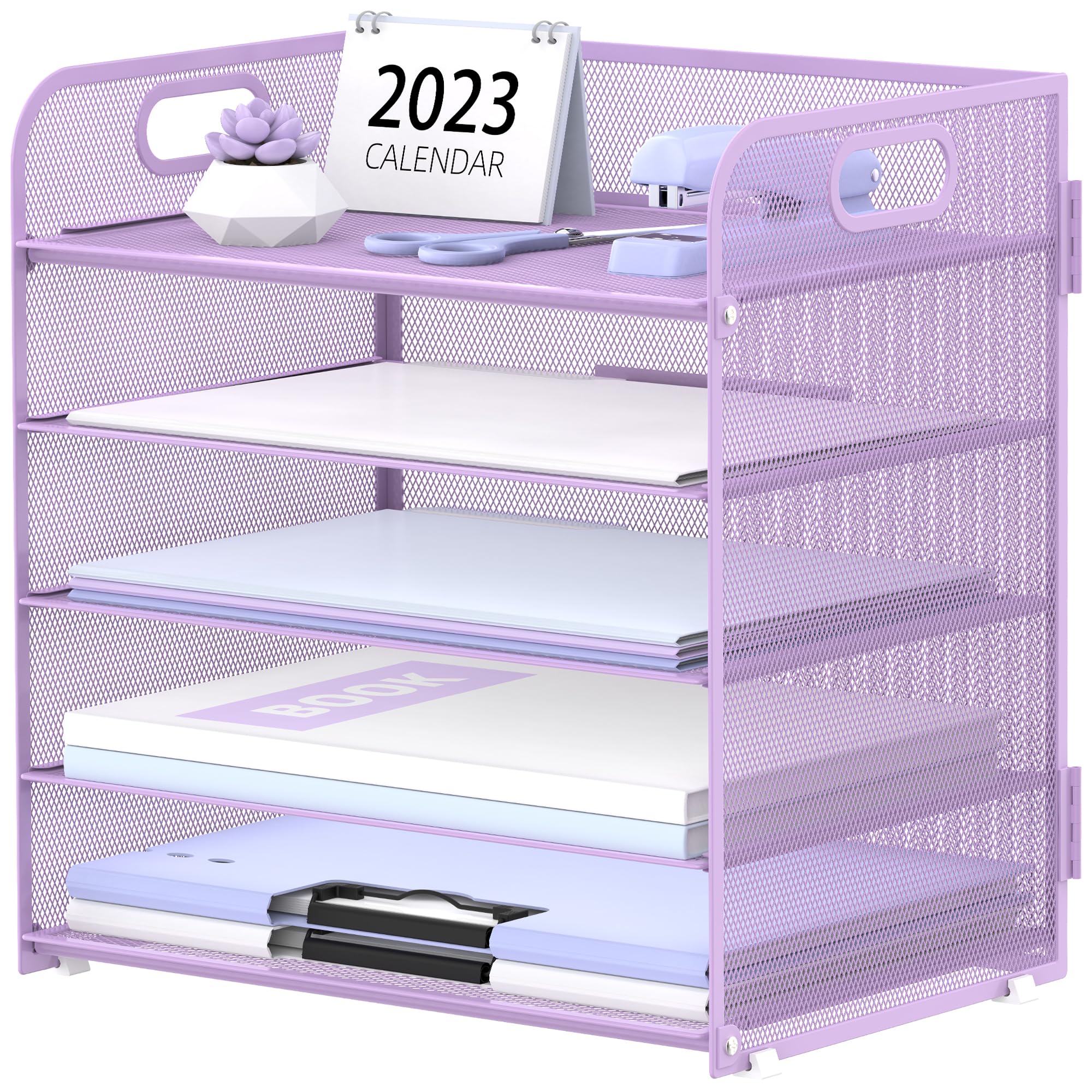 Supeasy 5 Trays Paper Organizer Letter Tray With Handle-Mesh Desk File Organizer, Purple Paper Sorter Desk Organizer For Office,