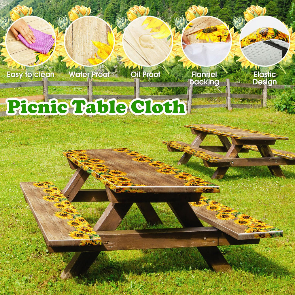 3 Pcs Vinyl Picnic Table And Bench Fitted Tablecloth Cover Set 6 Ft 30 X 72 Inch Flannel Backing Rectangular Elastic Edged Picnic Table Cover For Summer Outdoor Patio Travel (Retro Sunflower)