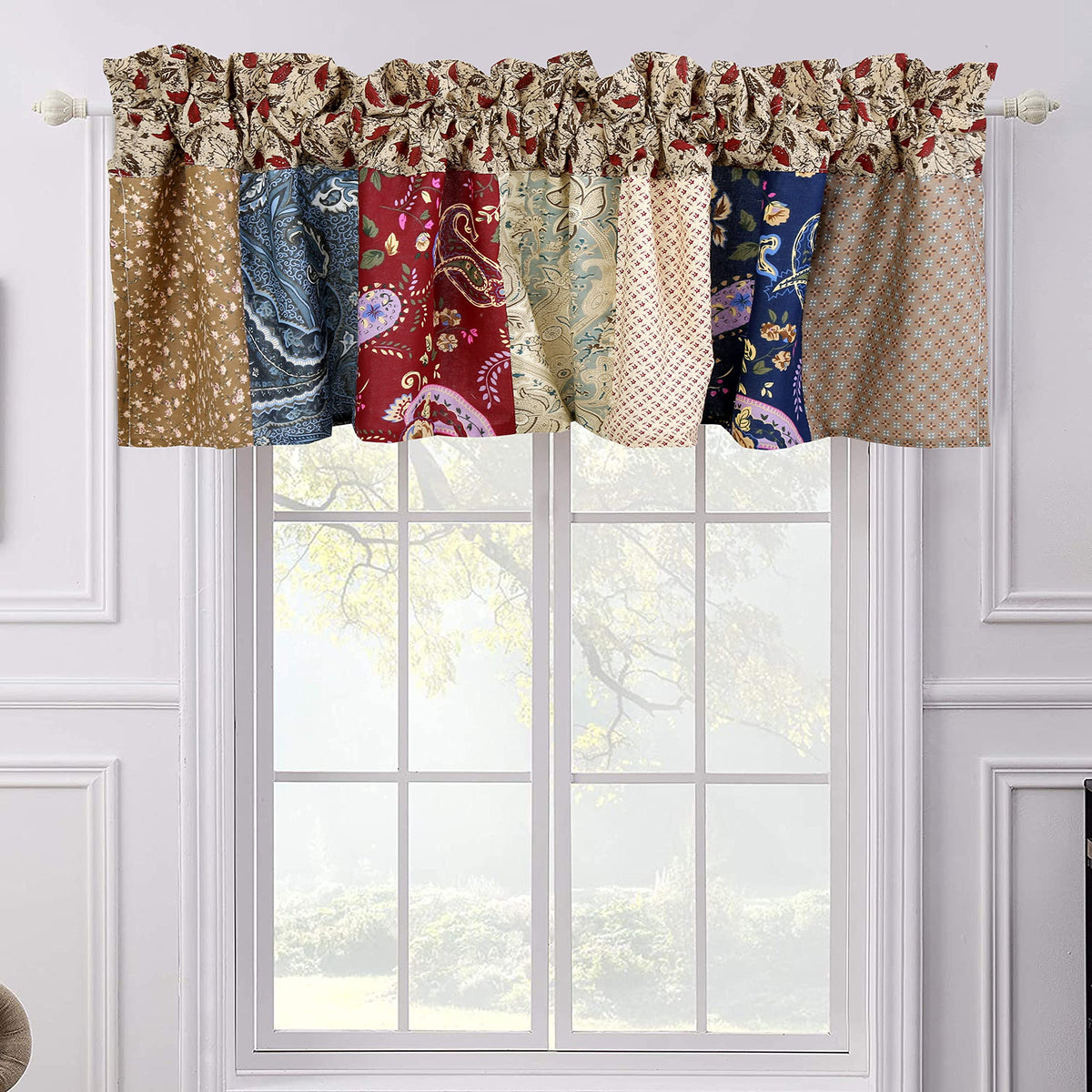 Cozy Line Home Fashions Red Navy Patchwork Rod Pocket Window Valance, 16' X 56'