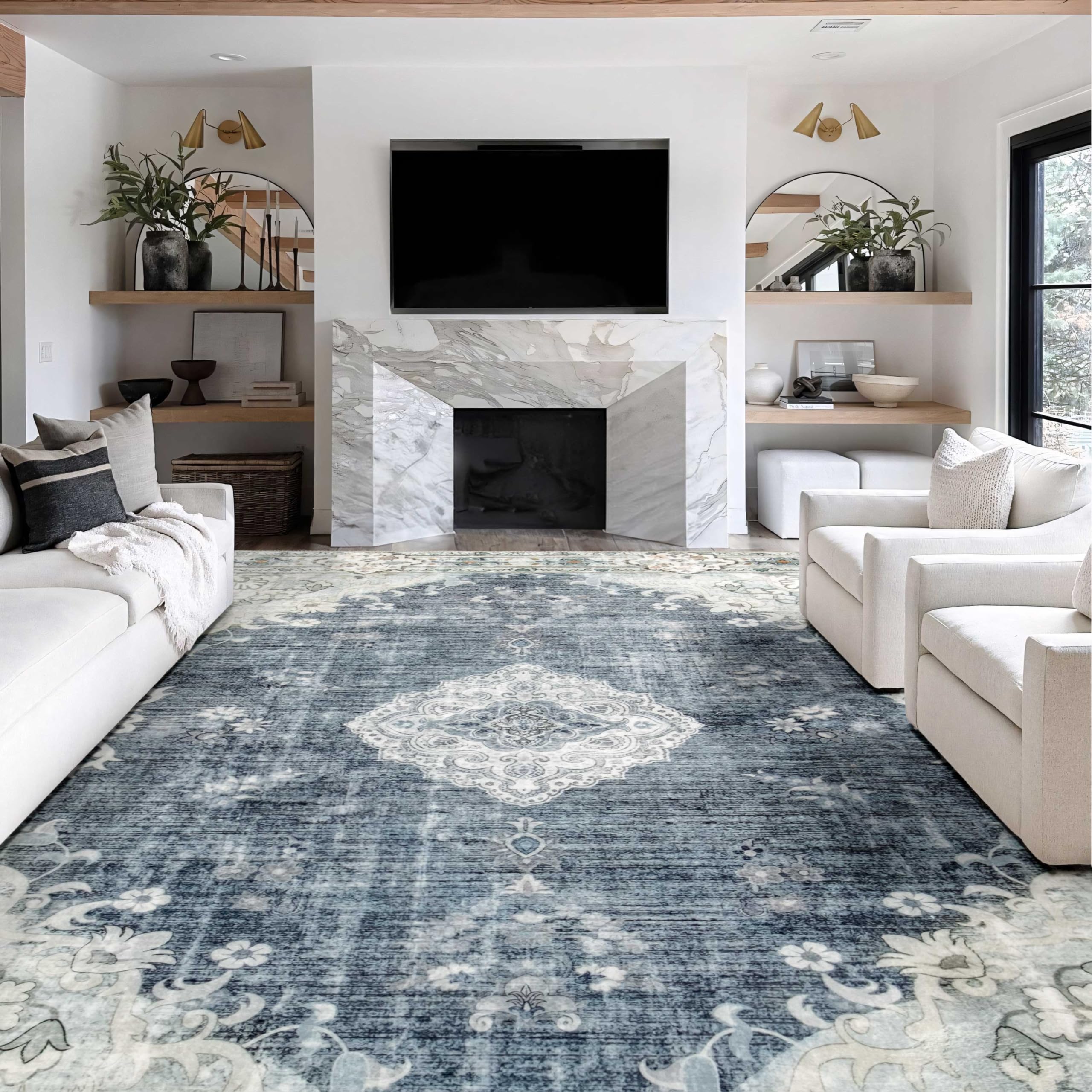 MUJOO Blue Grey Rug 9x12 Area Rugs for Living Room Dining Room Washable Rugs Large Rug Boho Rug for Bedroom Non Slip Abstract 