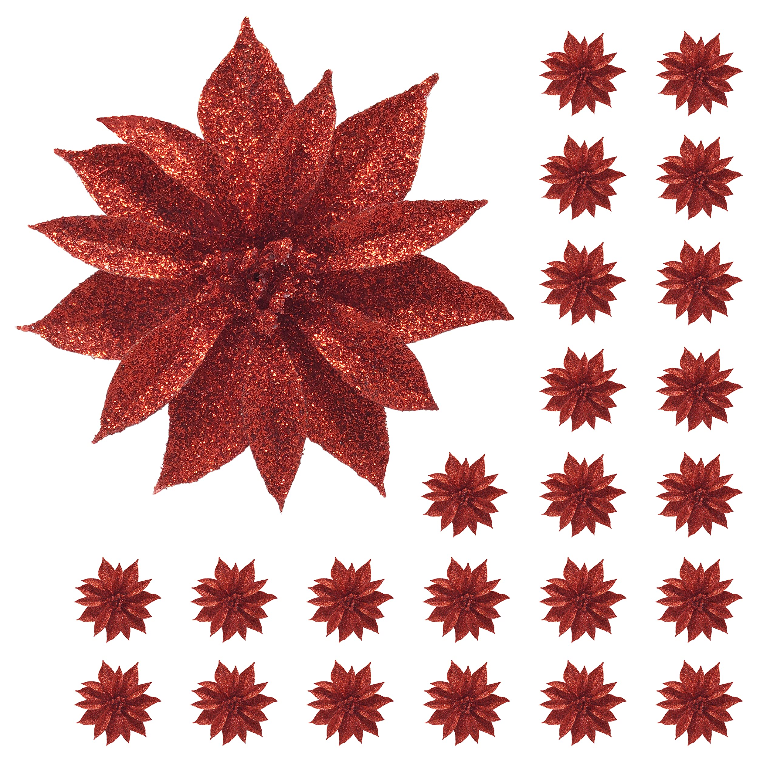 BANBERRY DESIGNS Poinsettia Red Glittered Clip-on Flowers - Set of 24 - Ornaments - Holiday Decorations - Each is 4 D - Christma