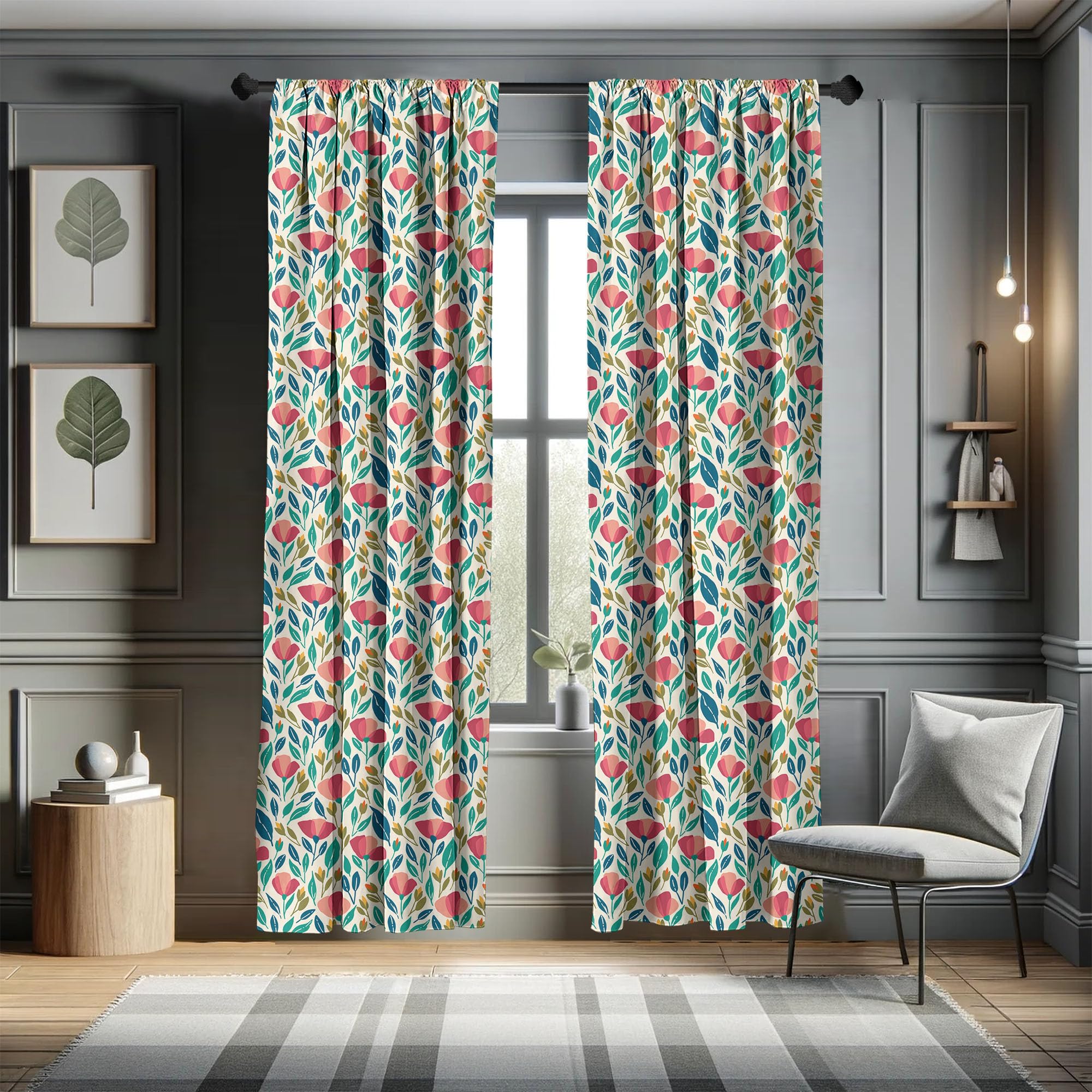 Ambesonne Poppy Flower Curtains, Colorful Spring Garden With Abstract Leaves Sprouts And Petals Nature Beauty, Window Treatments