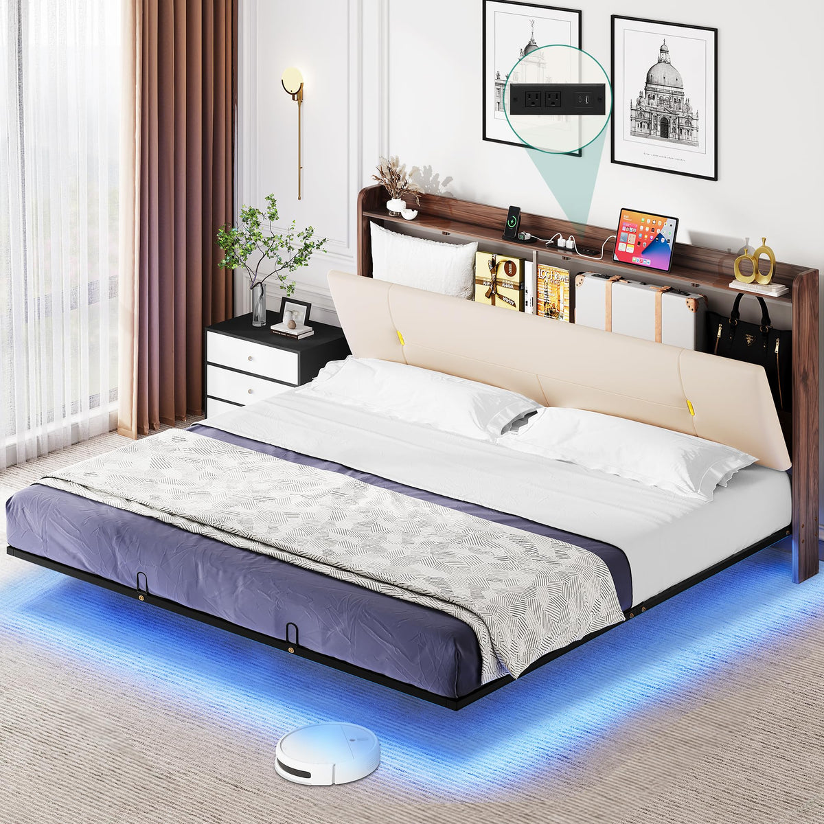 Yitahome King Floating Bed Frame With Charging Station & Led Headboard, Hidden Storage, Pu Upholstered Platform Bed, Heavy-Duty