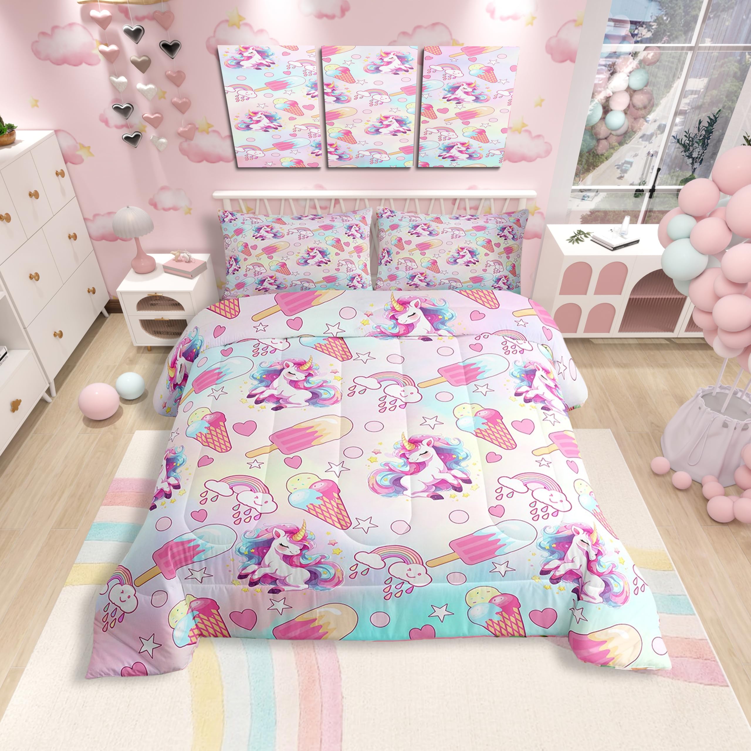 Manfei Dreamy Unicorn Bedding Comforter Sets Twin,Girly Watercolor Ice Cream Rainbow Bedding Set For Bedroom Decor,Colorful Grad