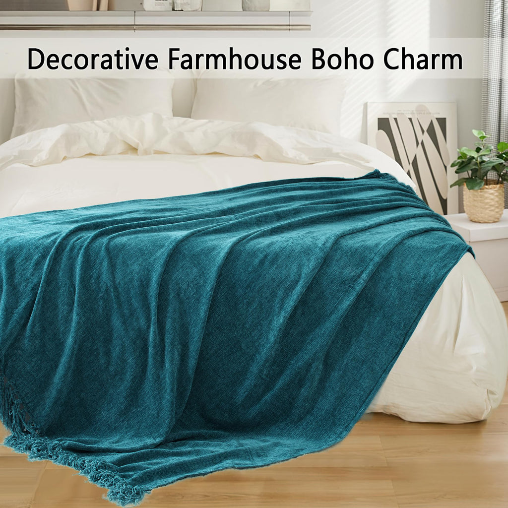 Long Create Chenille Throw Blanket For Couch 50''X 60'', Soft Cozy Throw Blanket With Fringe Tassel For Bed Sofa Chair, Lightwei