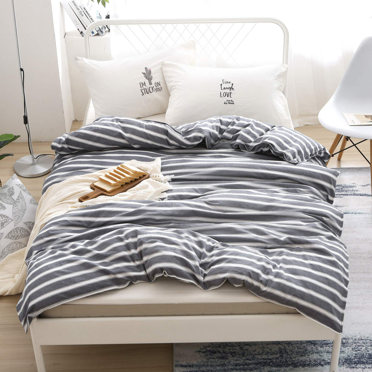 F.Y.Dreams 100% Washed Cotton Duvet Cover For Weighted Blanket 80X87 Inches With 8 Ties, Zipper On Long Side/Stripe Grey/Just Du