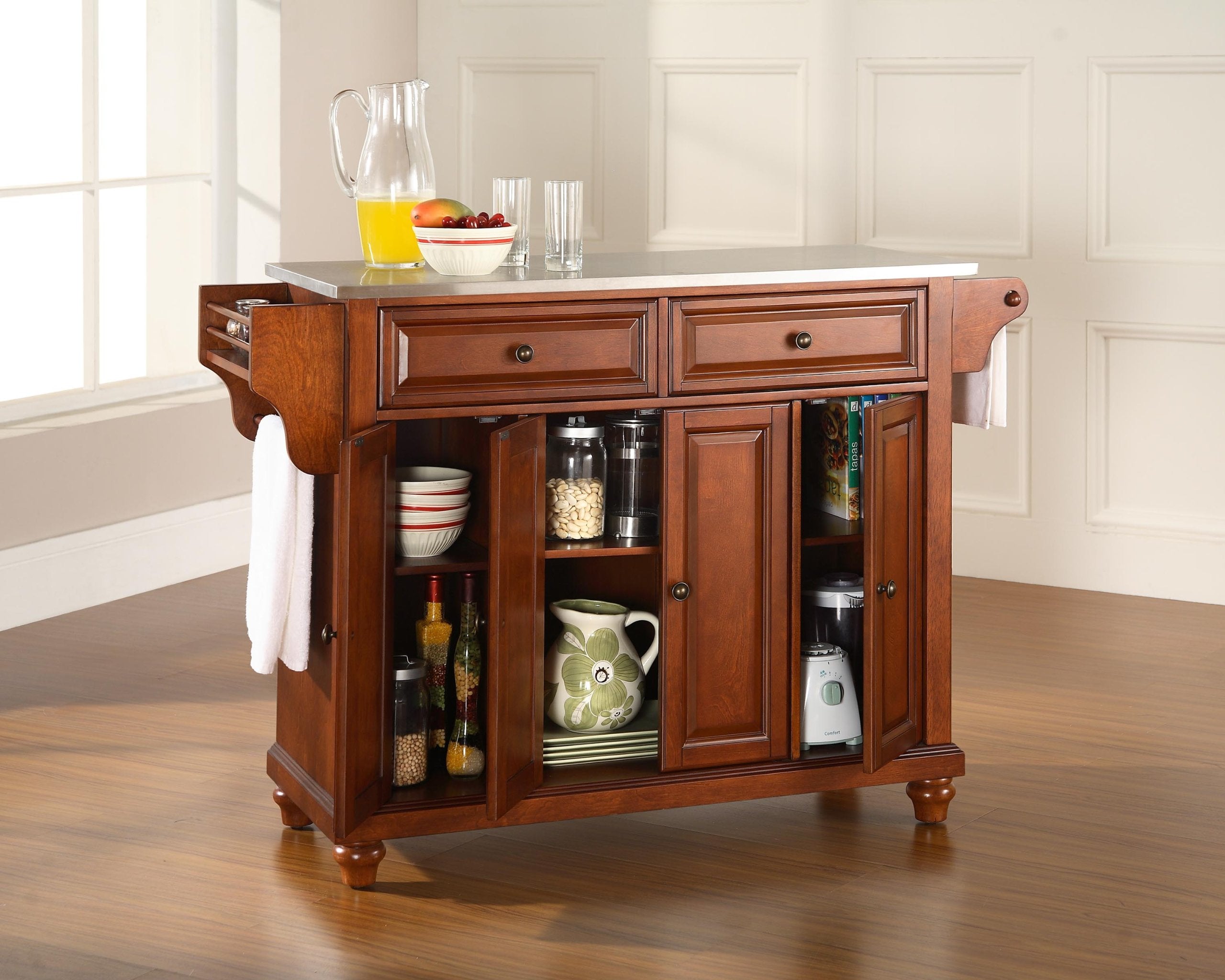 Crosley Furniture Cambridge Stainless Steel Top Rolling Kitchen Island Storage Cart, Spice Rack, Cherry