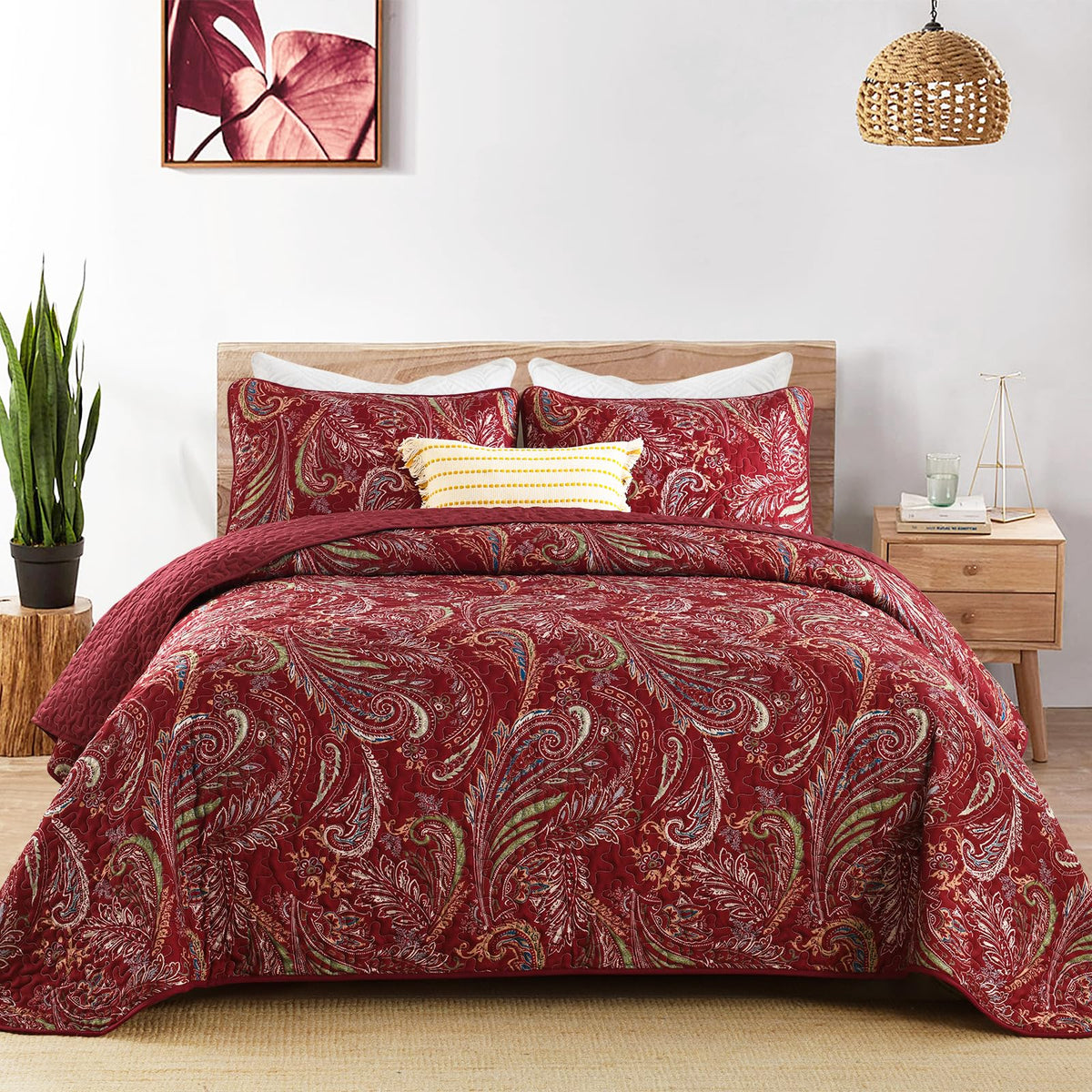 Wongs Bedding Boho Quilt Set King,3 Pieces Red Paisley Pattern Summer Bedspread Coverlet Set,Lightweight Microfiber Bohemian Bed
