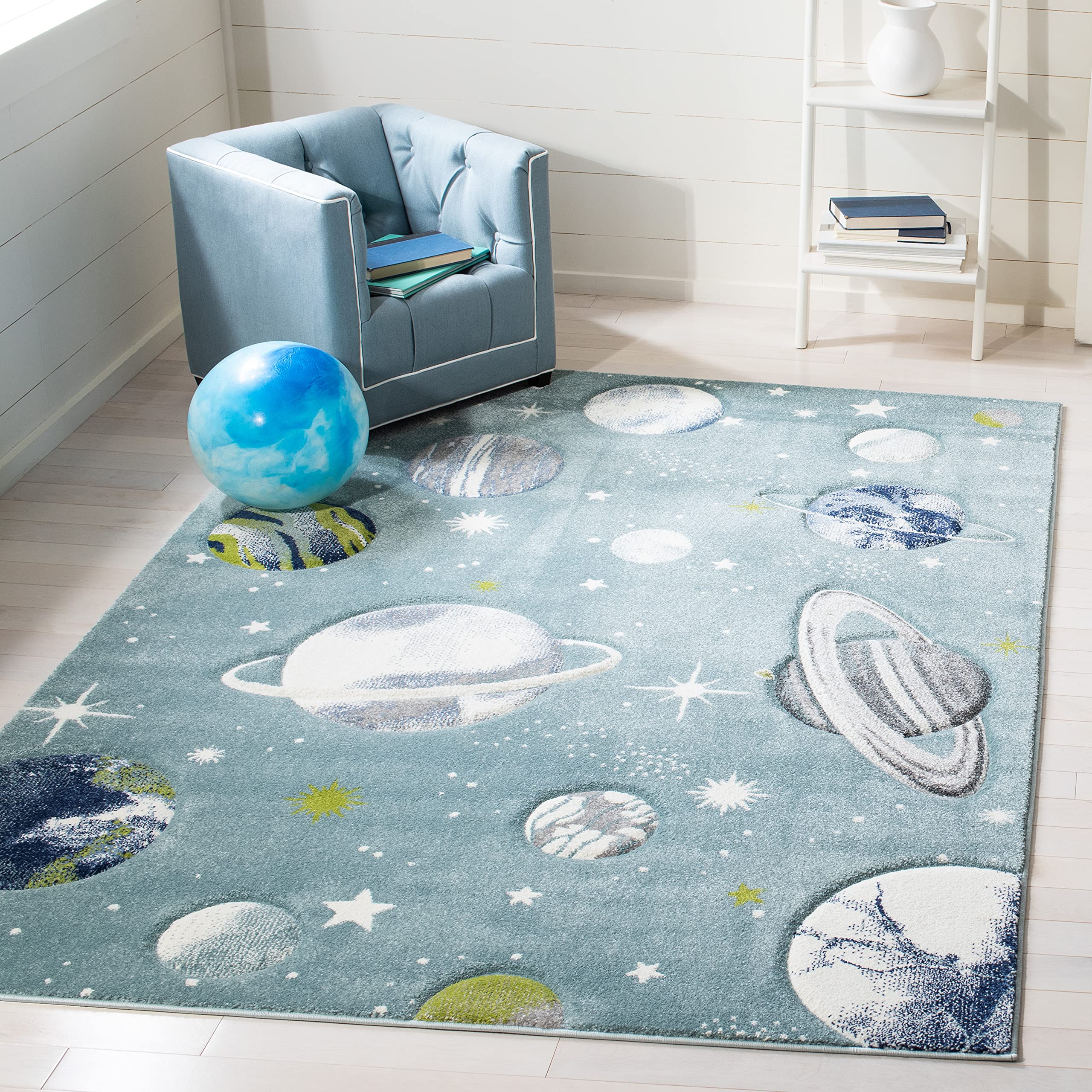 SAFAVIEH Carousel Kids Collection 53 Square Teal/Ivory CRK103J Outer Space Non-Shedding Playroom Nursery Bedroom Area Rug