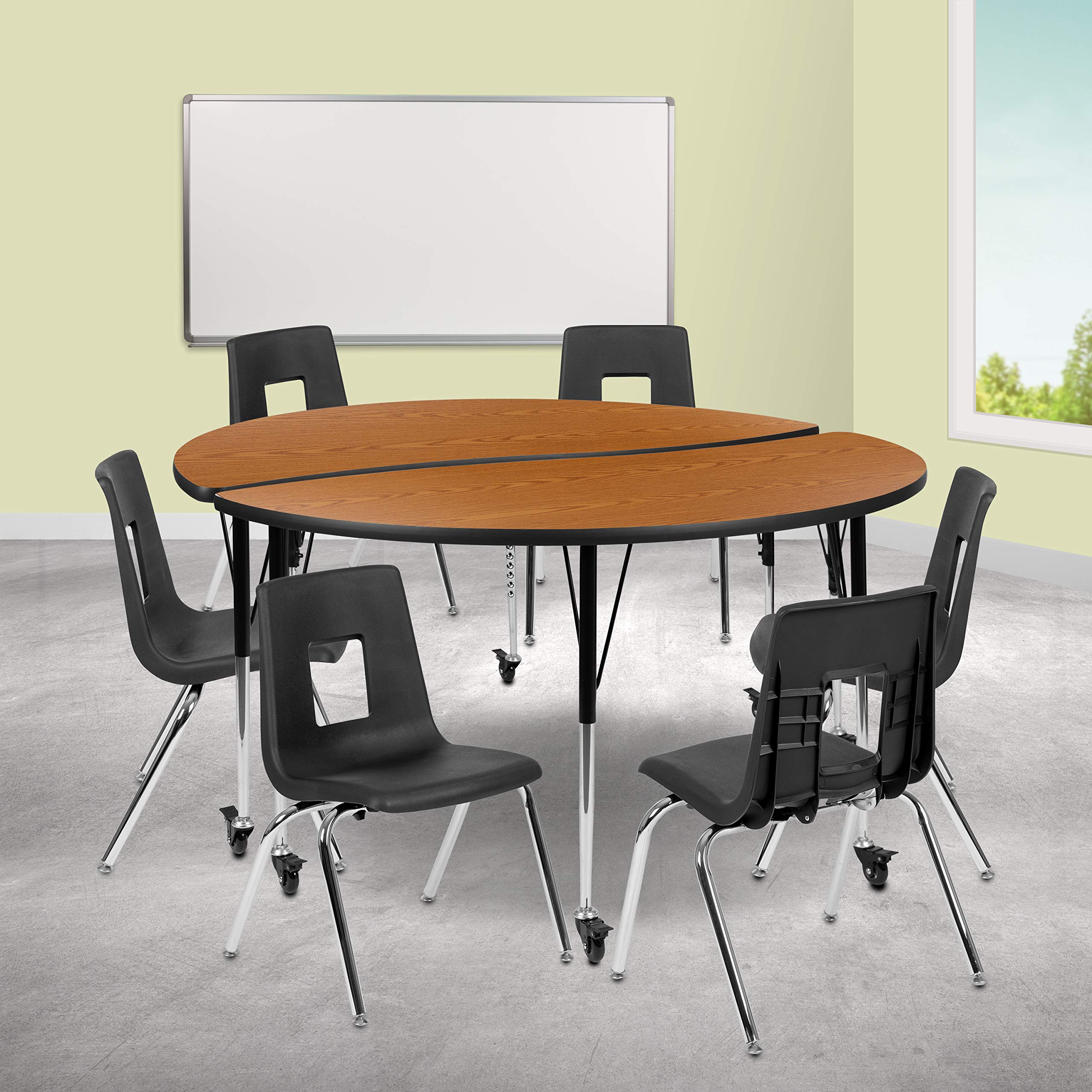 Flash Furniture Mobile 60 Circle Wave Collaborative Laminate Activity Table Set with 18 Student Stack Chairs, Oak/Black