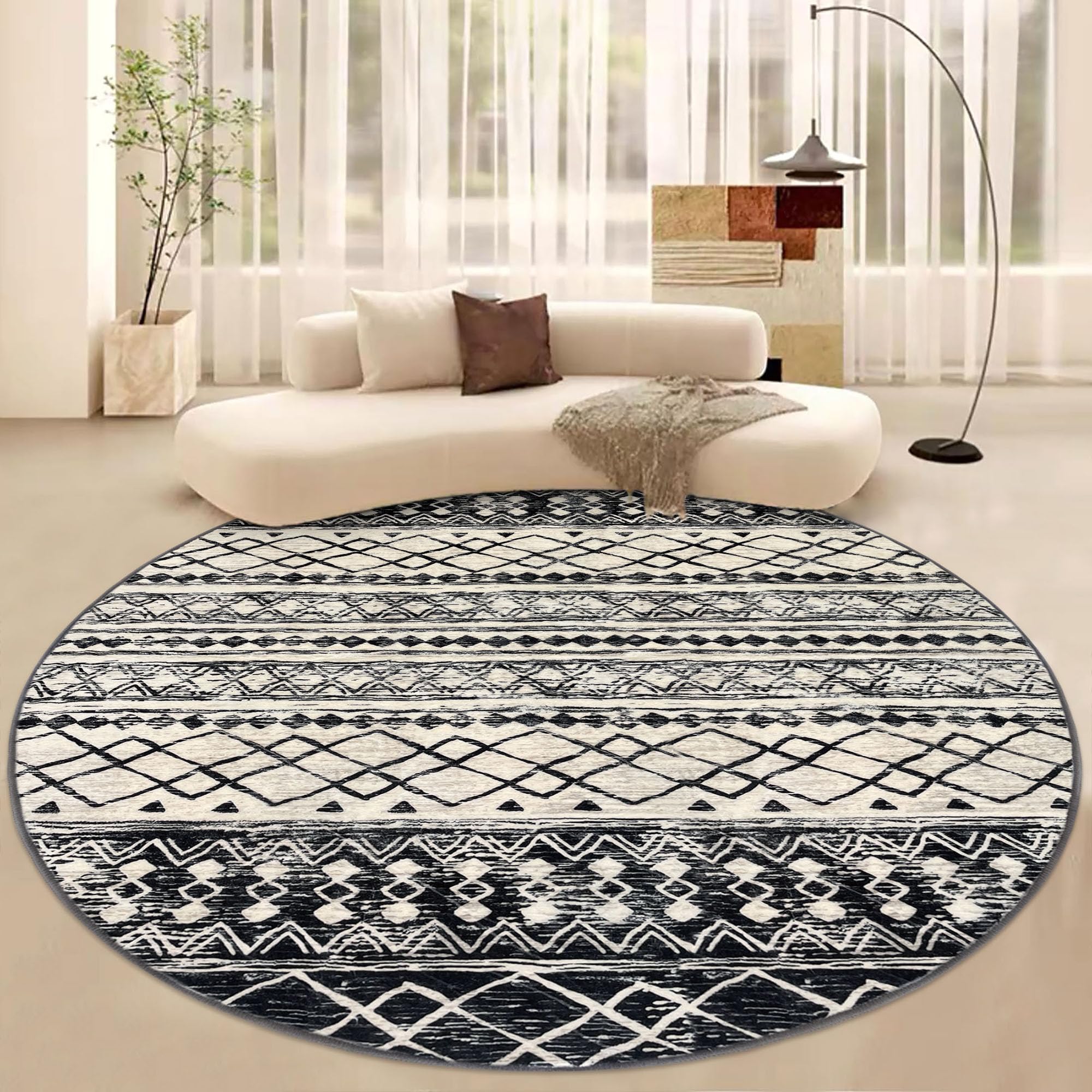 KUTA 6Ft Black Navy Blue Round Boho Rug for Living Room, Moroccan Washable Round Area Rug Non Slip, Soft Geometric Circle Rugs f
