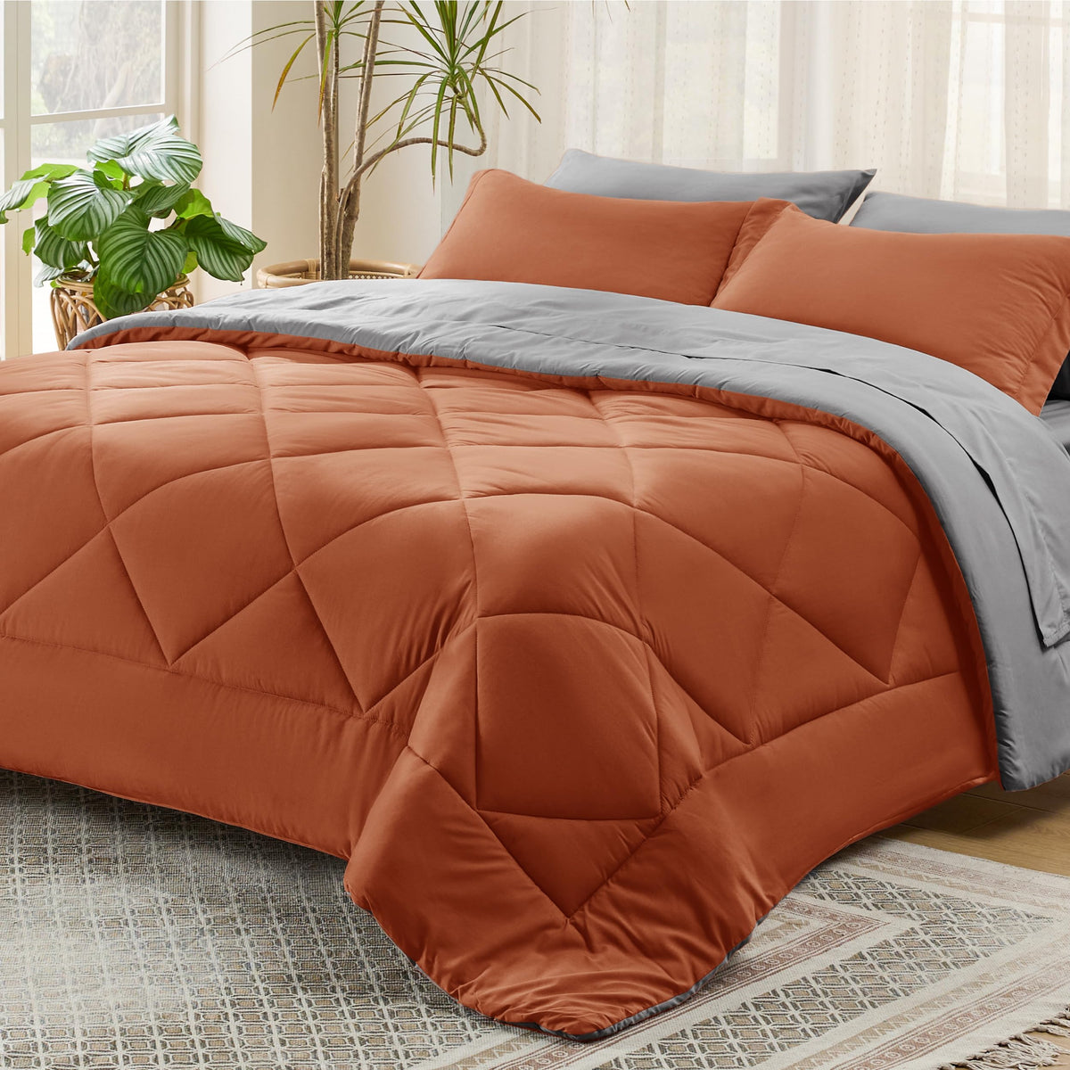 Bedsure Burnt Orange King Size Comforter Set - 7 Pieces Reversible King Bed In A Bag King Bed Set With Comforters, Sheets, Pillo