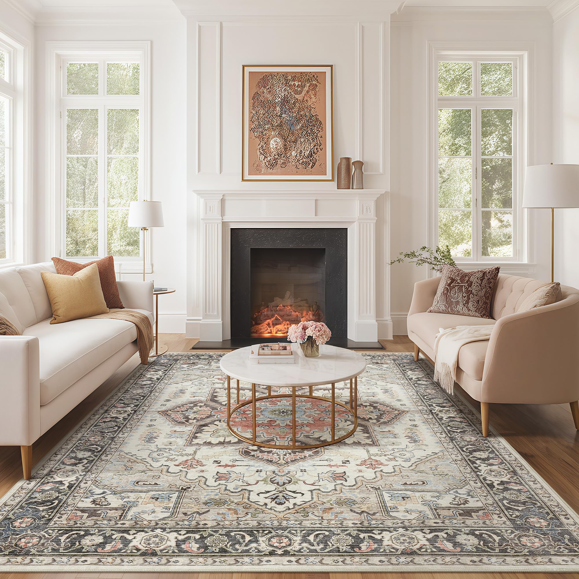 Homewill Area Rug Living Room Rugs - 8X10 Soft Machine Washable Oriental Vintage Floral Distressed Rug Large Indoor Floor Carpet