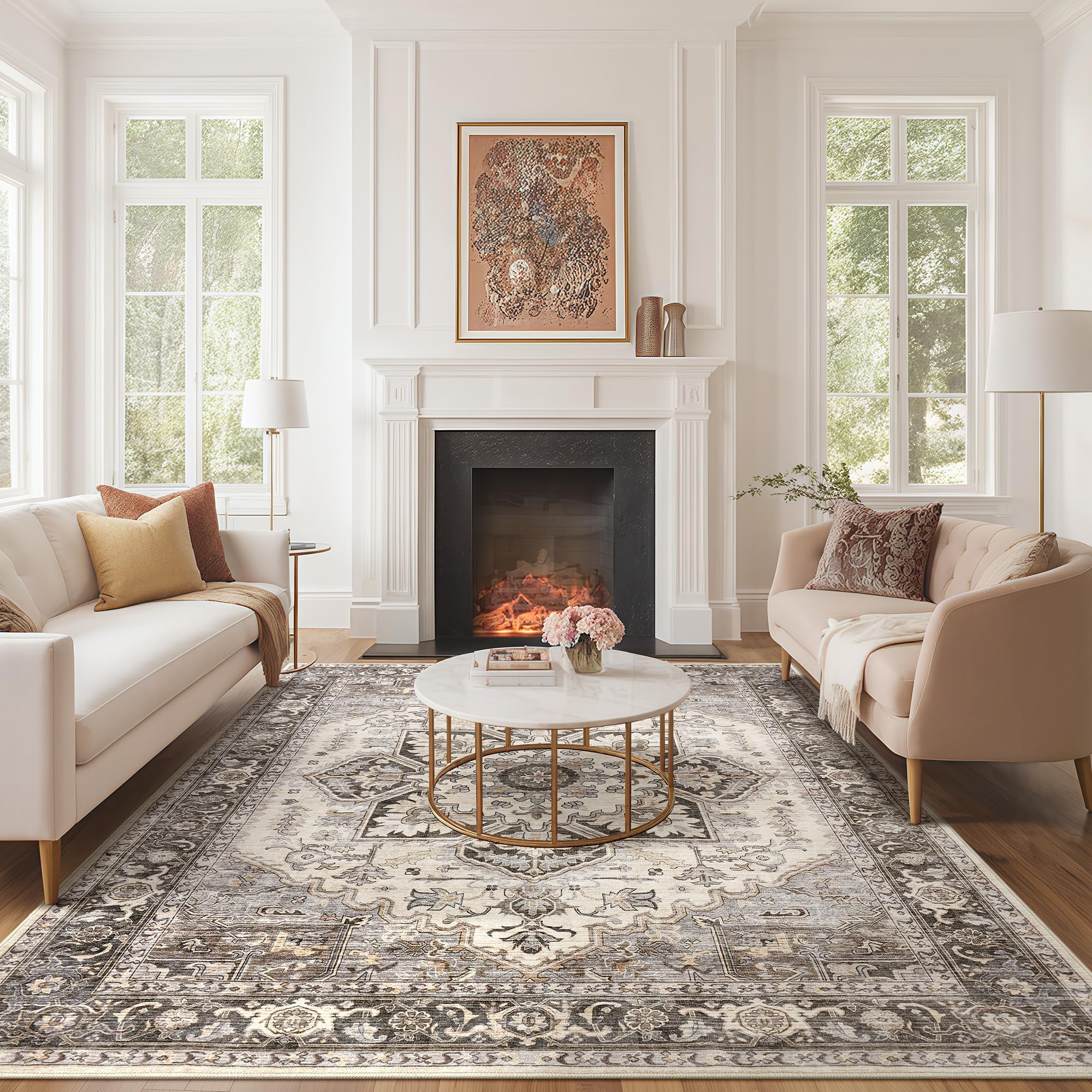 Homewill Area Rug Living Room Rugs - 9X12 Soft Machine Washable Oriental Vintage Floral Distressed Rug Large Indoor Floor Carpet