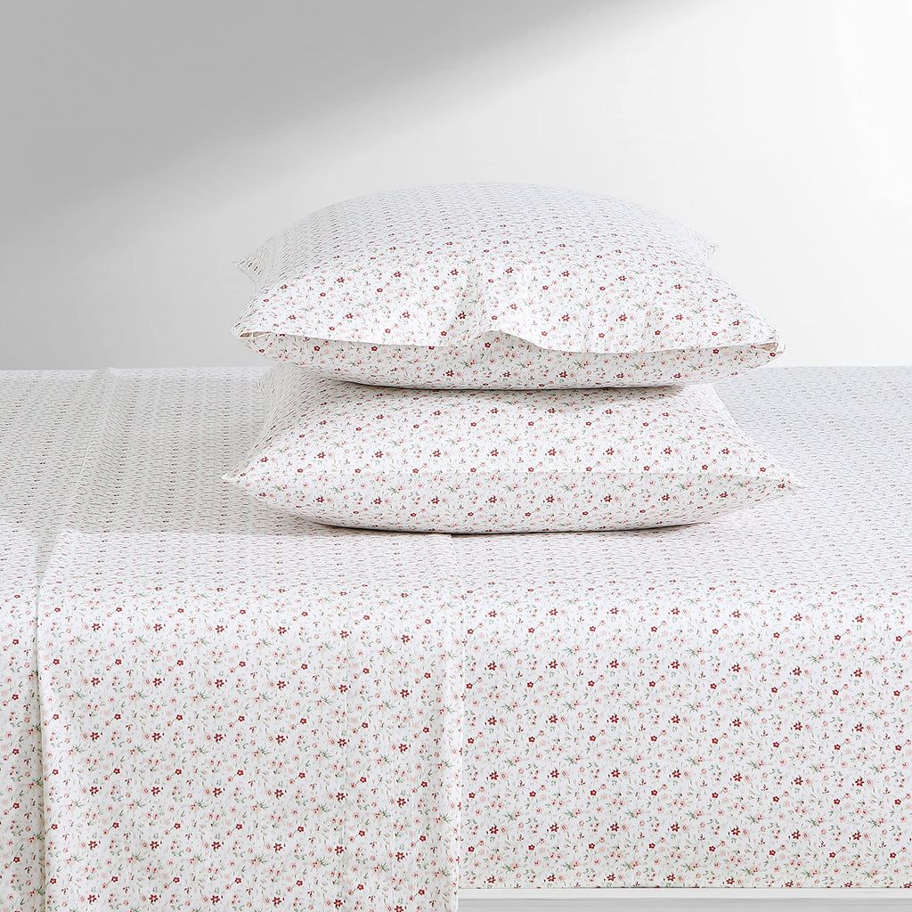 Laura Ashley Home - King Sheets, Soft Sateen Cotton Bedding Set - Sleek, Smooth, & Breathable Home Decor, Evie Coral/Pink