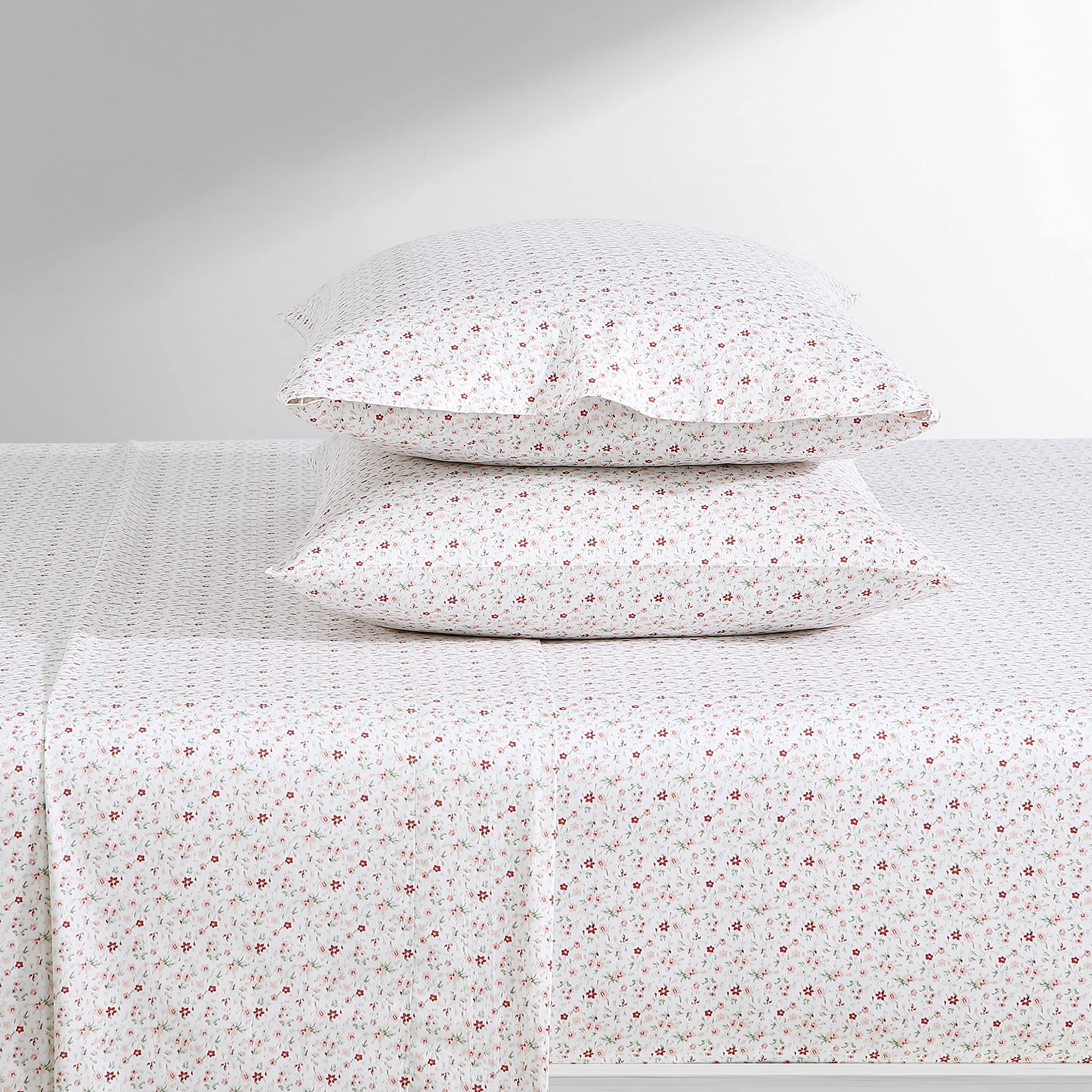 Laura Ashley Home - King Sheets, Soft Sateen Cotton Bedding Set - Sleek, Smooth, & Breathable Home Decor, Evie Coral/Pink