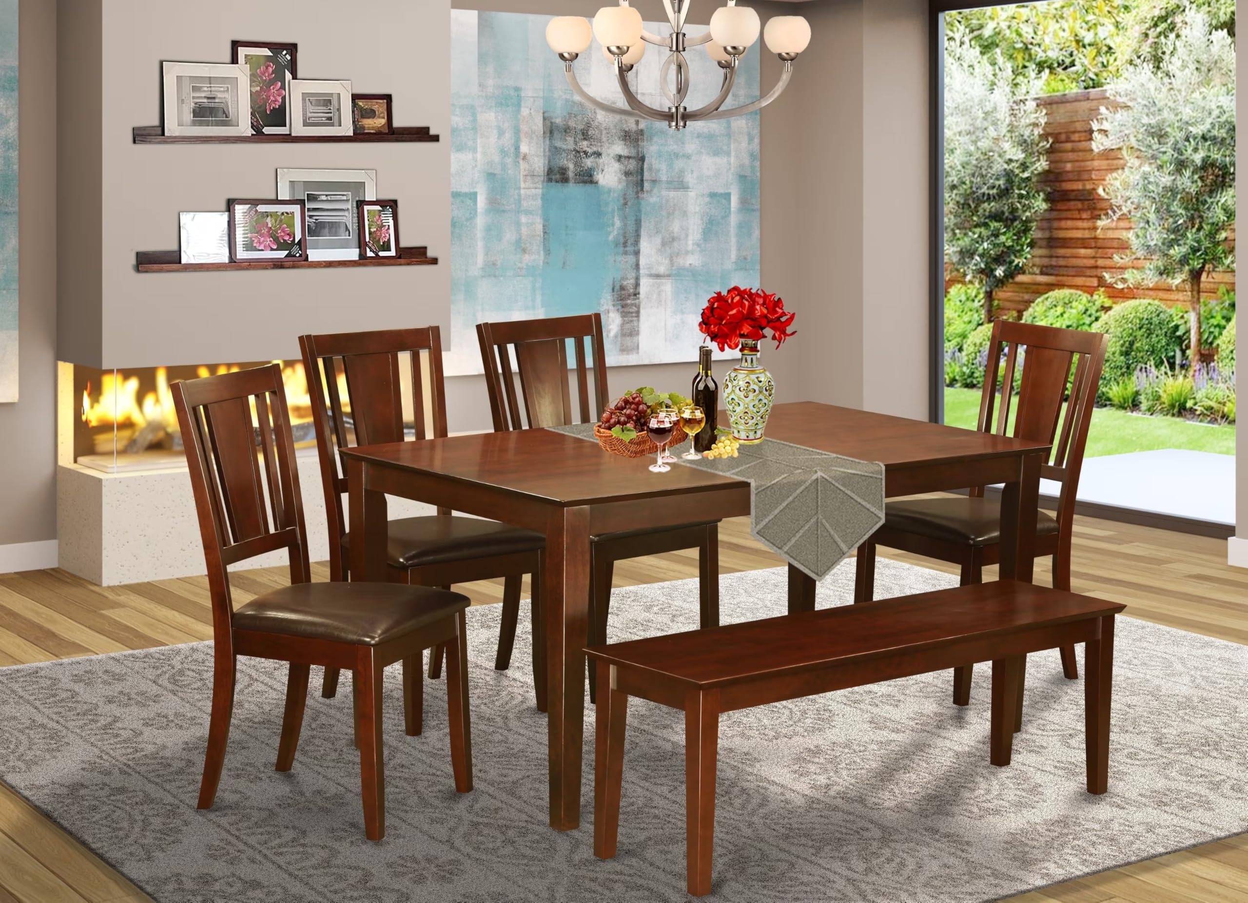 East West Furniture CADU6C-MAH-LC Capri 6 Piece Modern Set Contains a Rectangle Wooden Table and 4 Faux Leather Dining Chairs with a Bench, 36x60 Inch, Mahogany