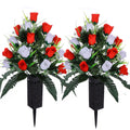 LVXINLI 2 Sets Artificial Cemetery Flowers,Outdoor Grave Decorations Roses,Beautiful Arrangements Bouquet with Cemetery Vase,Las