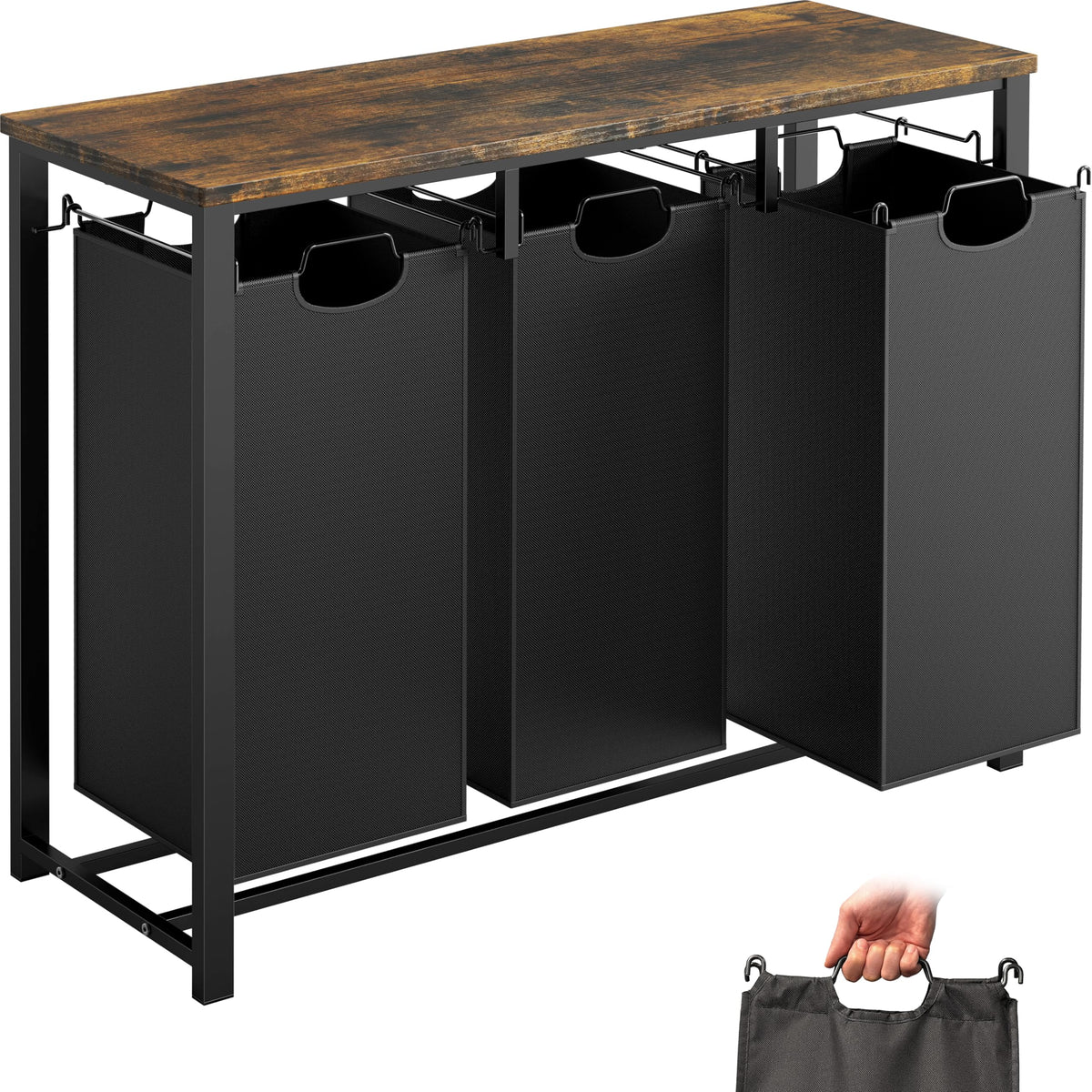 Simple Houseware 3Section Laundry Sorter w/Tabletop Shelf, Rustic Brown