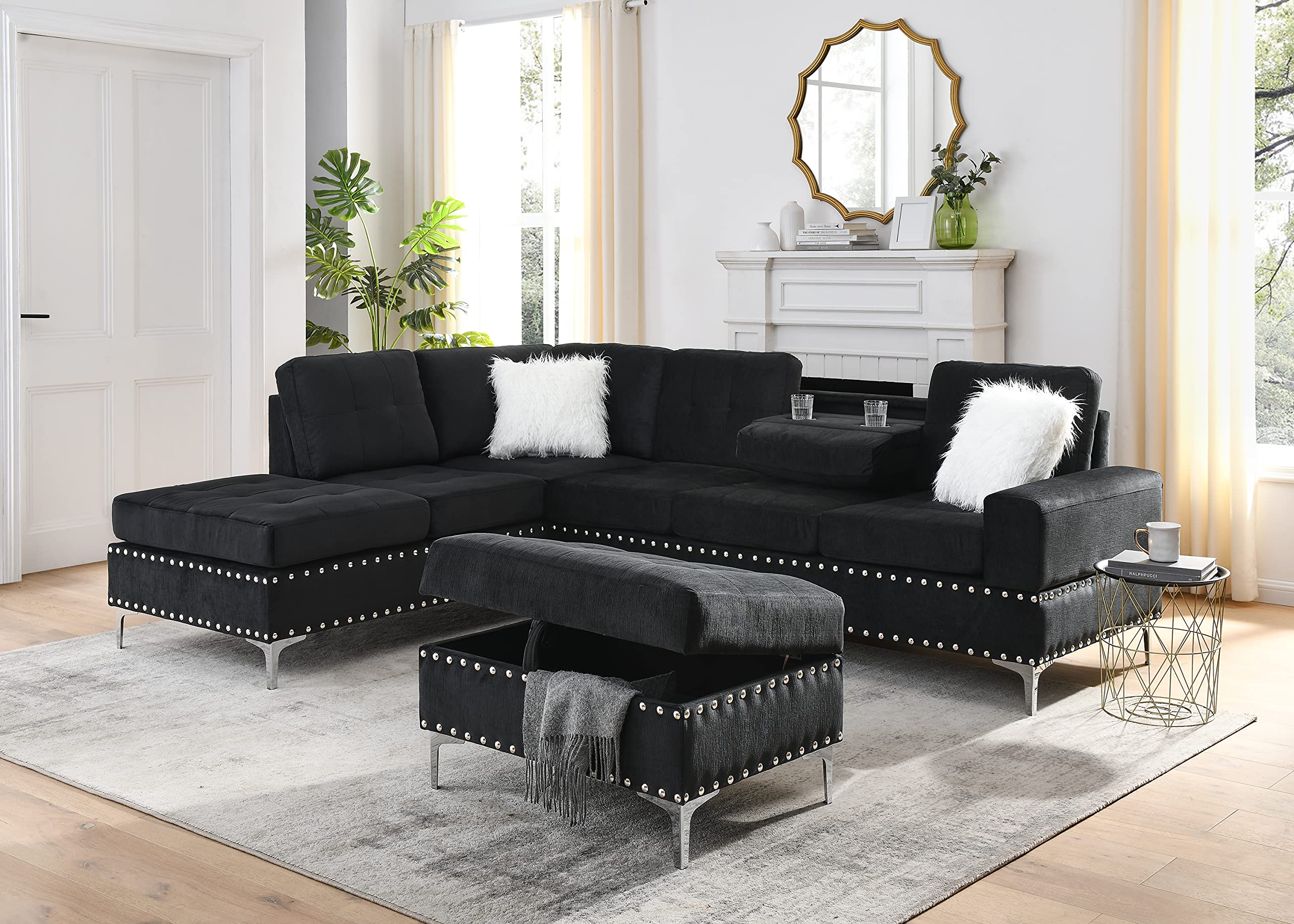 Favfurish L Shape Modular Sectional Sofa with Cup Holders and Storage Ottoman,5-Seater Tufting Upholstered Corner Couch for Livi