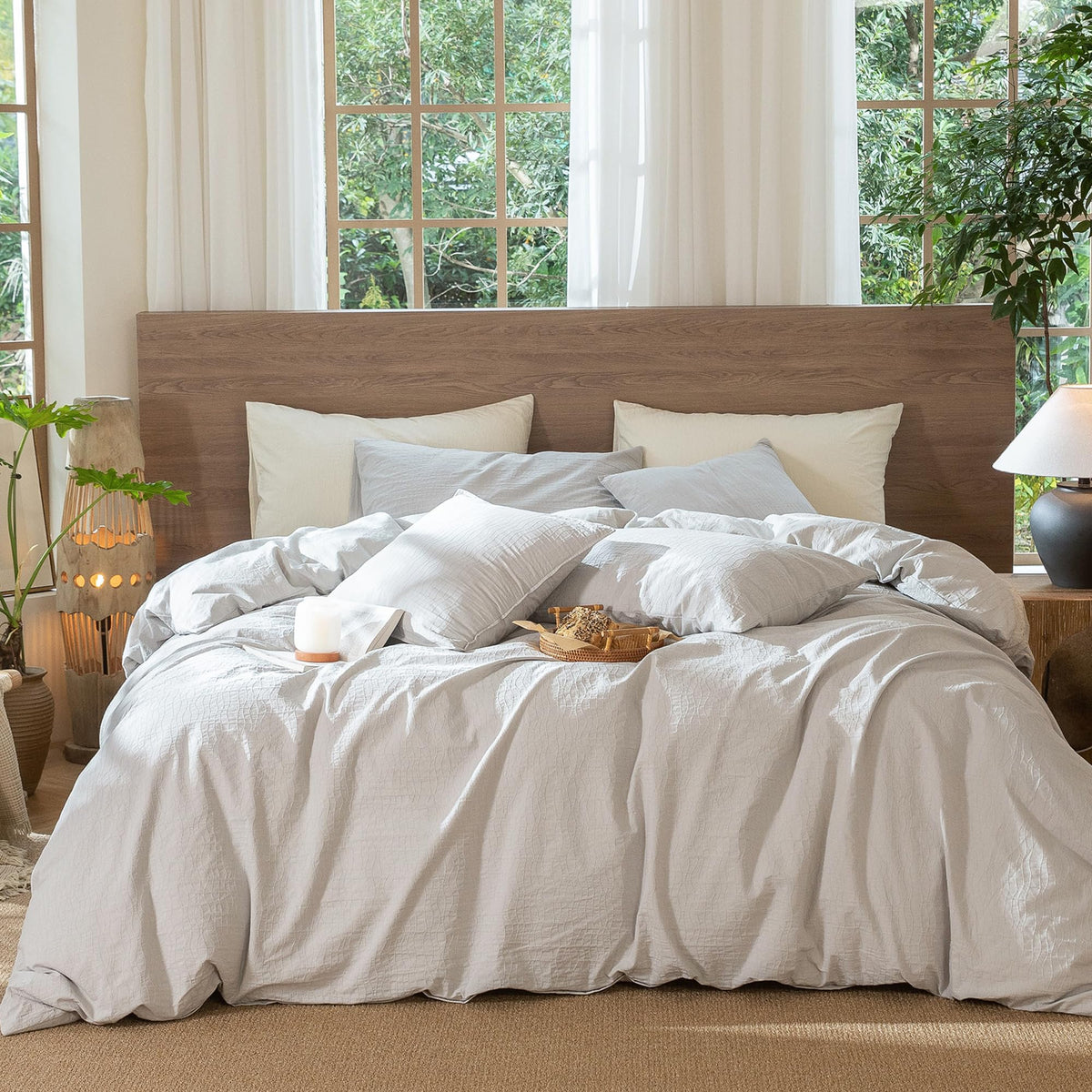 Moomee Wavy Stripe Duvet Cover Set 100% Washed Cotton Linen Like Textured Breathable Durable Soft Comfy (Light Grey, King)