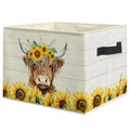 WARDOS Rustic Sunflower Highland Cow Storage Bin Box with Handles, Farmhouse Floral Highland Cow Foldable Linen Fabric Laundry B