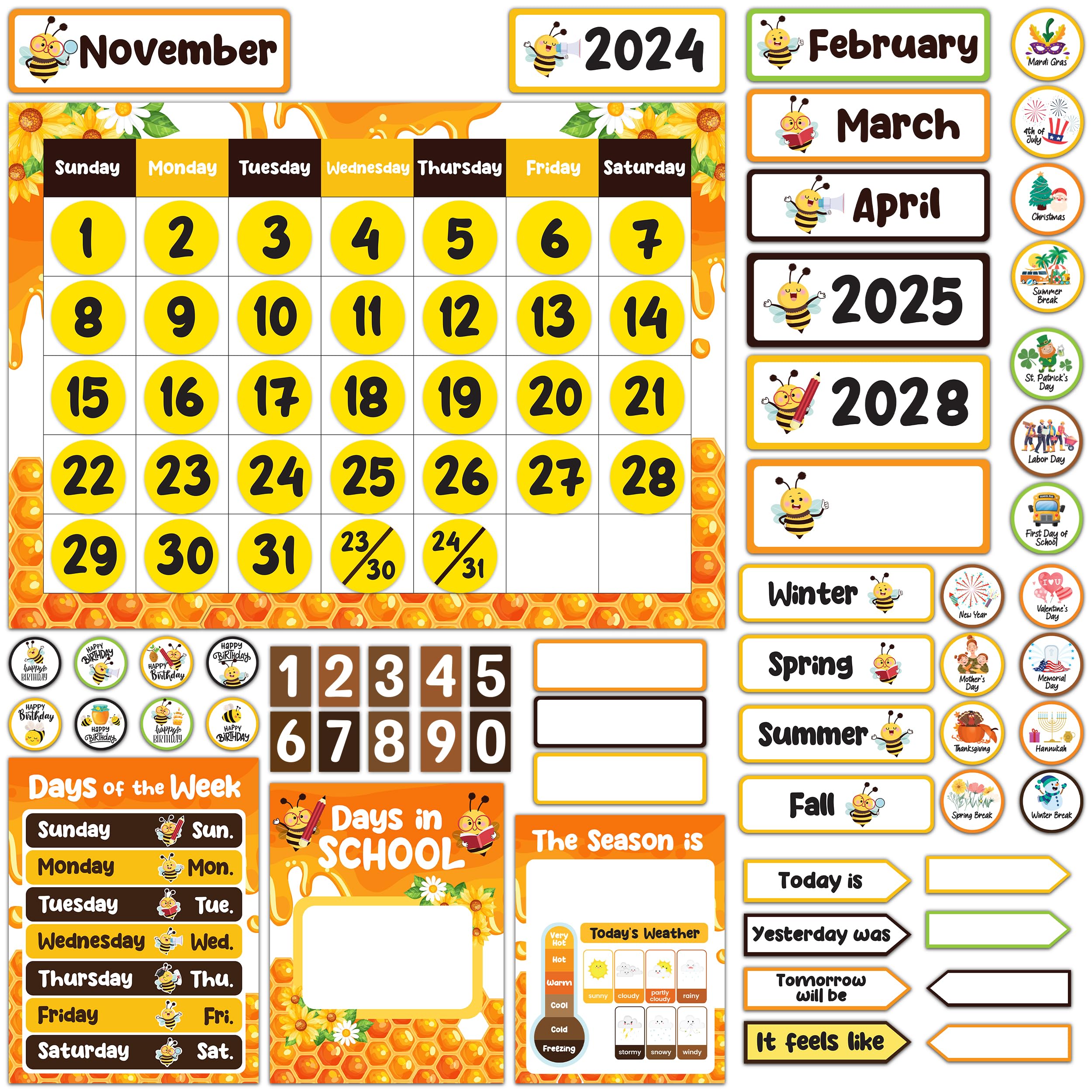 Decorably 157 Pcs Bee Classroom Decorations Set - Bee Decorations For Classroom Calendar Numbers, Bee Classroom Decor, Bumblebee