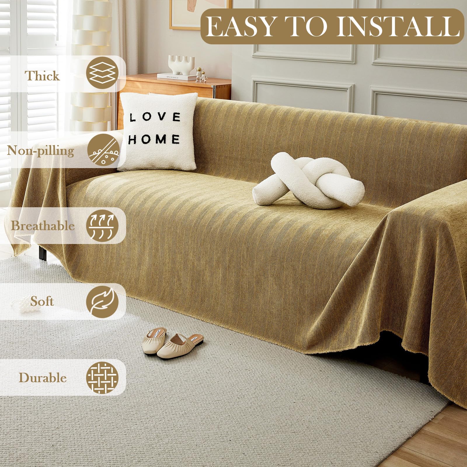 Handontime Couch Covers For Pets Boho Mustard Yellow Love Seat Couch Covers Brown Sofa Cover For Dogs Pet Couch Protector Chenille Tassel Sofa Slipcovers Sofa Throw Cover Boho Decor, 91' X150'